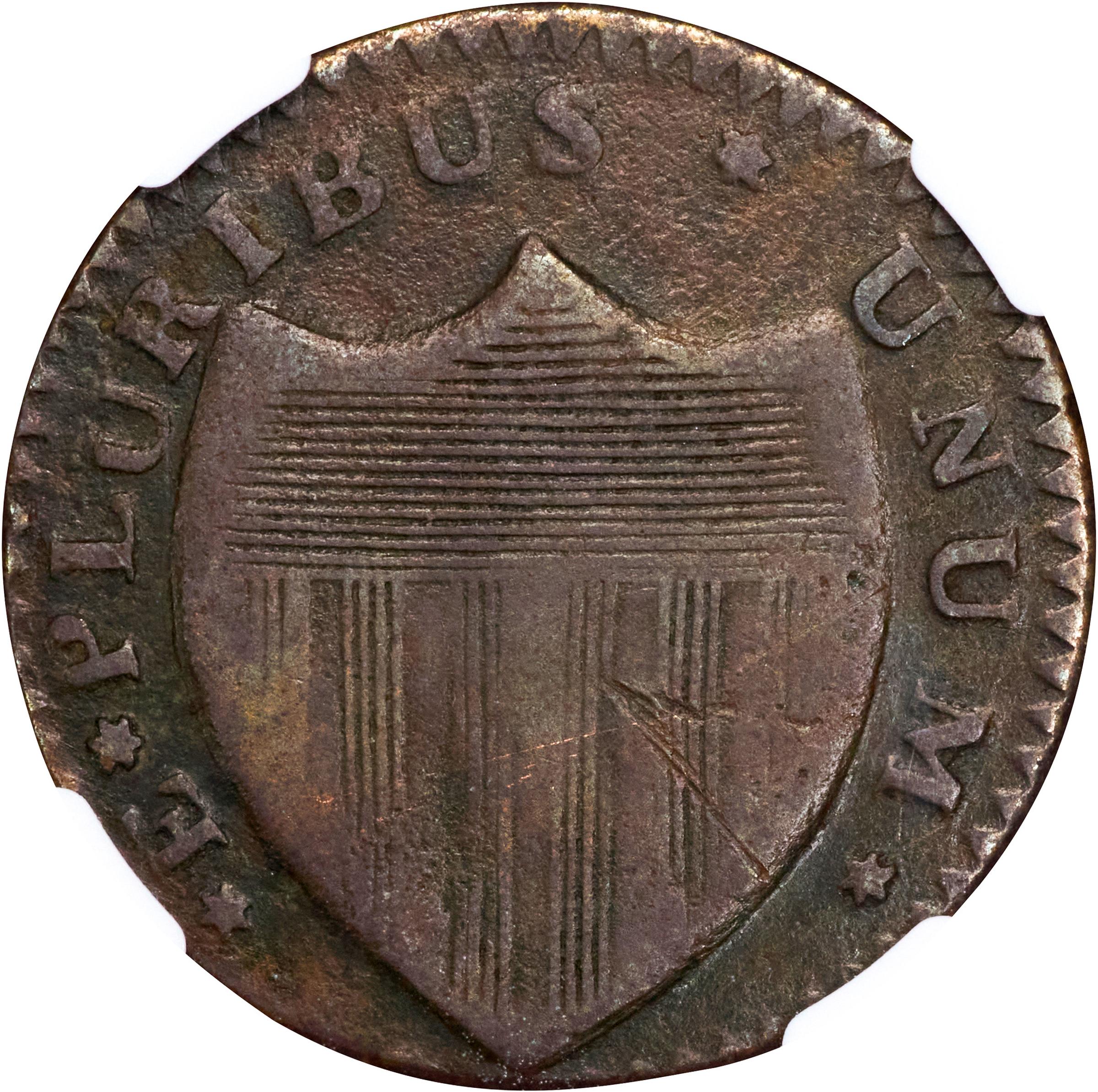 image for: 1786 New Jersey Copper. Maris 20-N, W-4905. Rarity-4. Curved Plow Beam, Drunken Die Cutter, Wide Shield. VF Details--Environmental Damage (NGC).