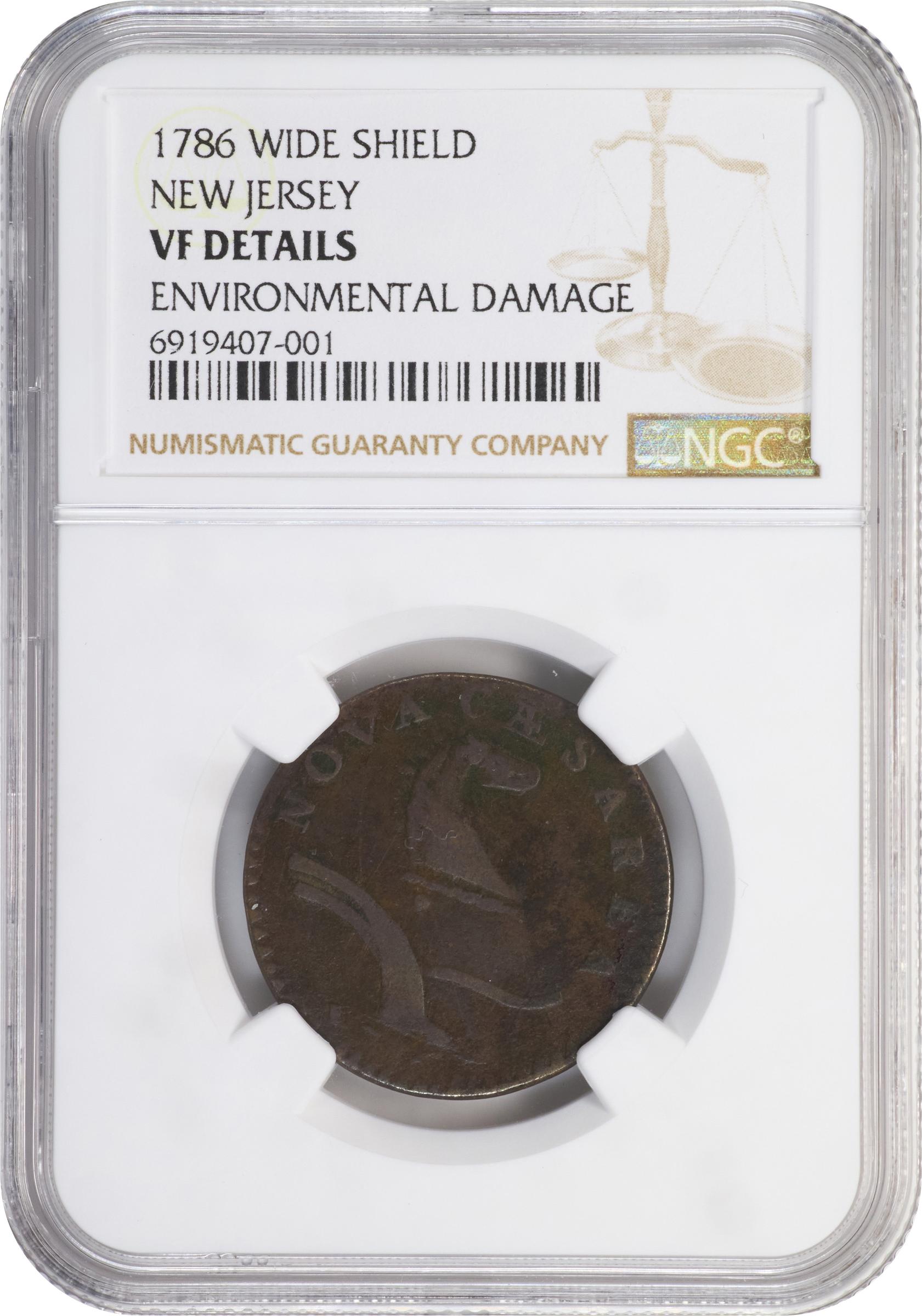 image for: 1786 New Jersey Copper. Maris 20-N, W-4905. Rarity-4. Curved Plow Beam, Drunken Die Cutter, Wide Shield. VF Details--Environmental Damage (NGC).