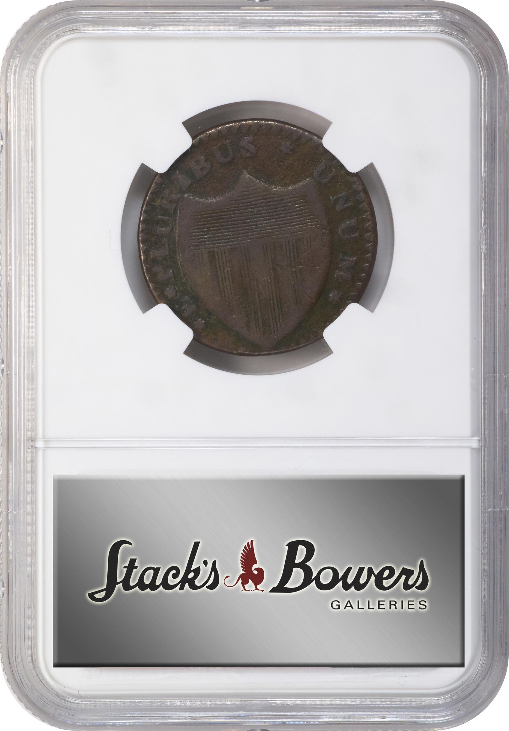 image for: 1786 New Jersey Copper. Maris 20-N, W-4905. Rarity-4. Curved Plow Beam, Drunken Die Cutter, Wide Shield. VF Details--Environmental Damage (NGC).
