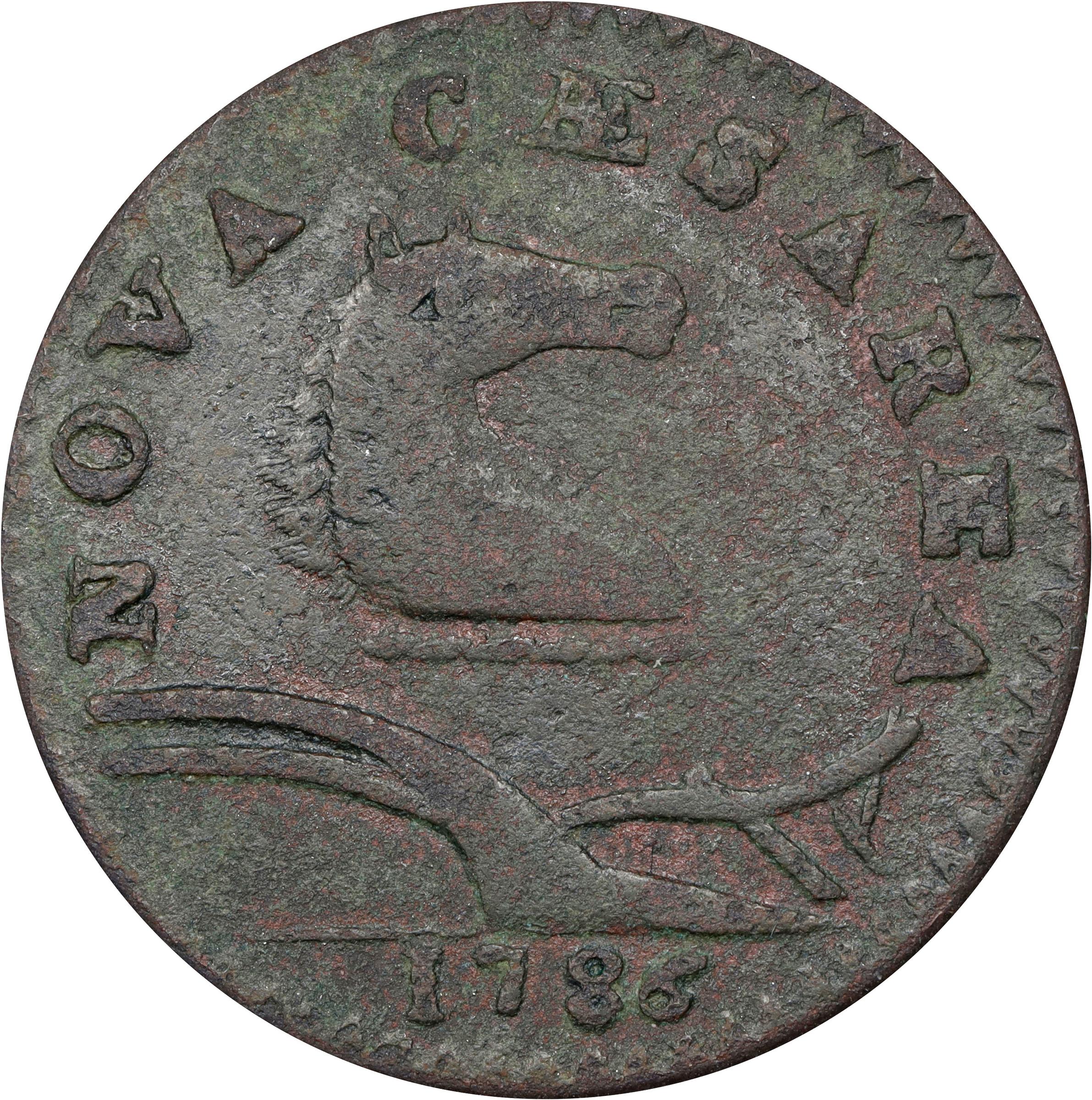 image for: 1786 New Jersey Copper. Maris 21-O, W-4915. Rarity-5. Curved Plow Beam, Mane Punch Before Ears, Wide Shield. Very Fine, Granular.