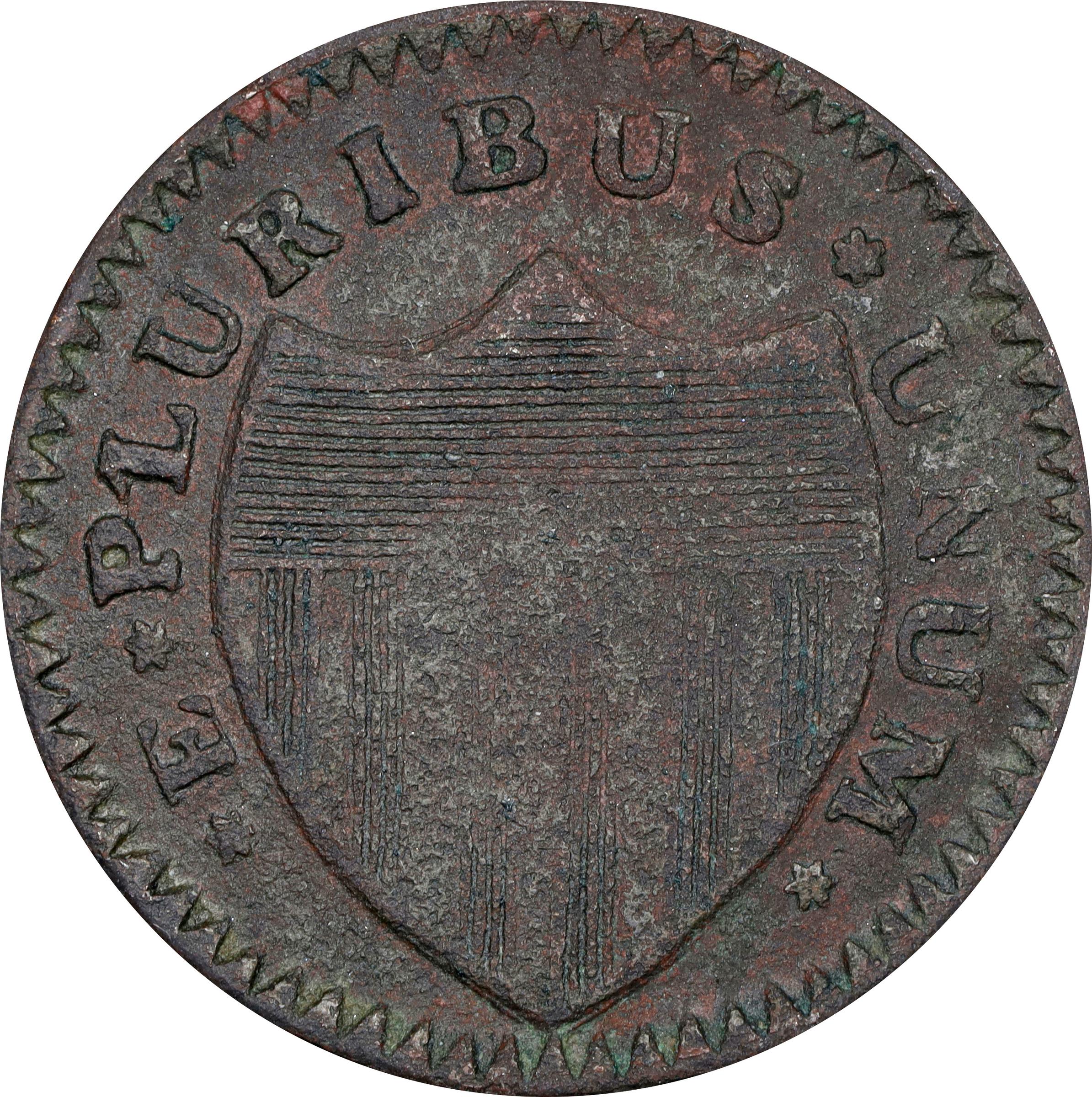 image for: 1786 New Jersey Copper. Maris 21-O, W-4915. Rarity-5. Curved Plow Beam, Mane Punch Before Ears, Wide Shield. Very Fine, Granular.
