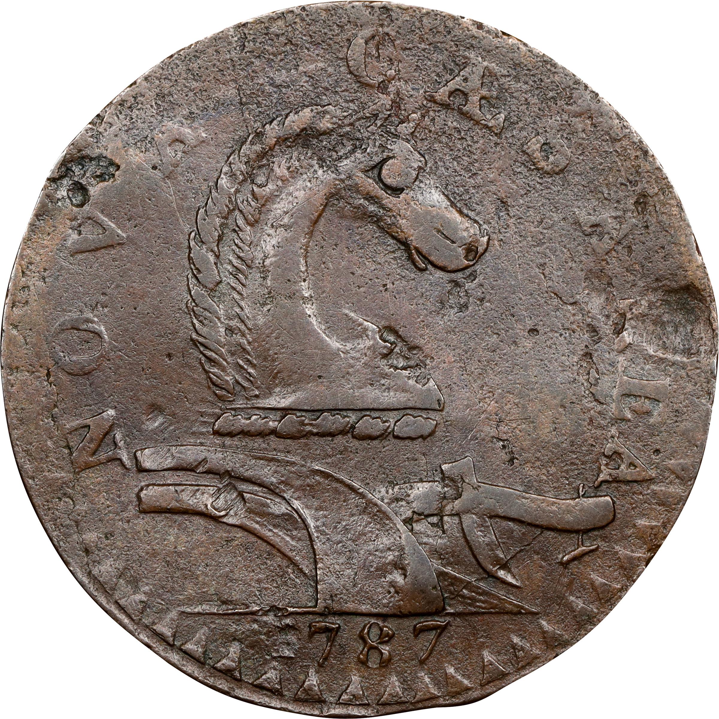 image for: 1787 New Jersey Copper. Maris 54-k, W-5295. Rarity-3. No Sprig Above Plow, Serpent Head. Extremely Fine, Granular.