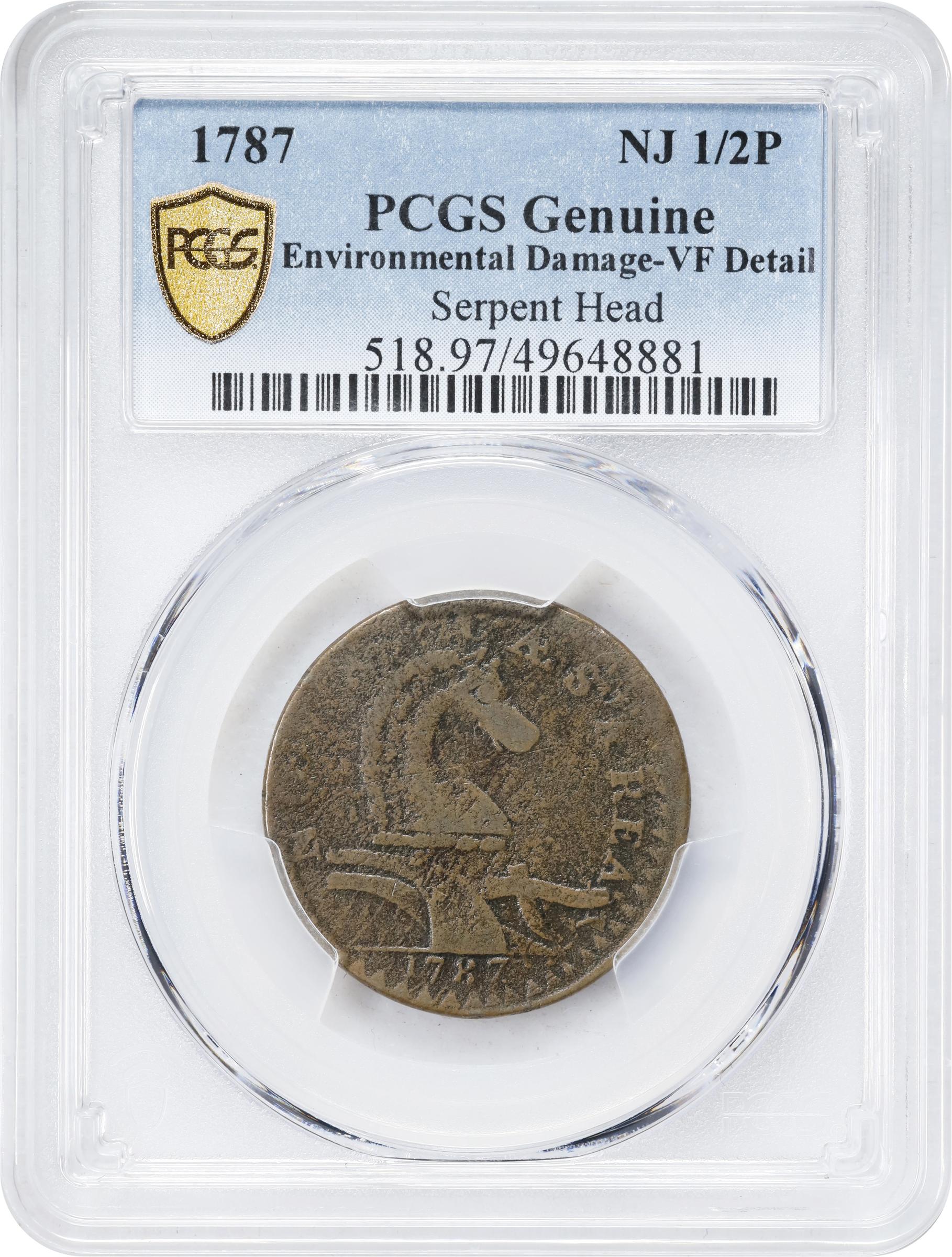 image for: 1787 New Jersey Copper. Maris 54-k, W-5295. Rarity-3. No Sprig Above Plow, Serpent Head. VF Details--Environmental Damage (PCGS).