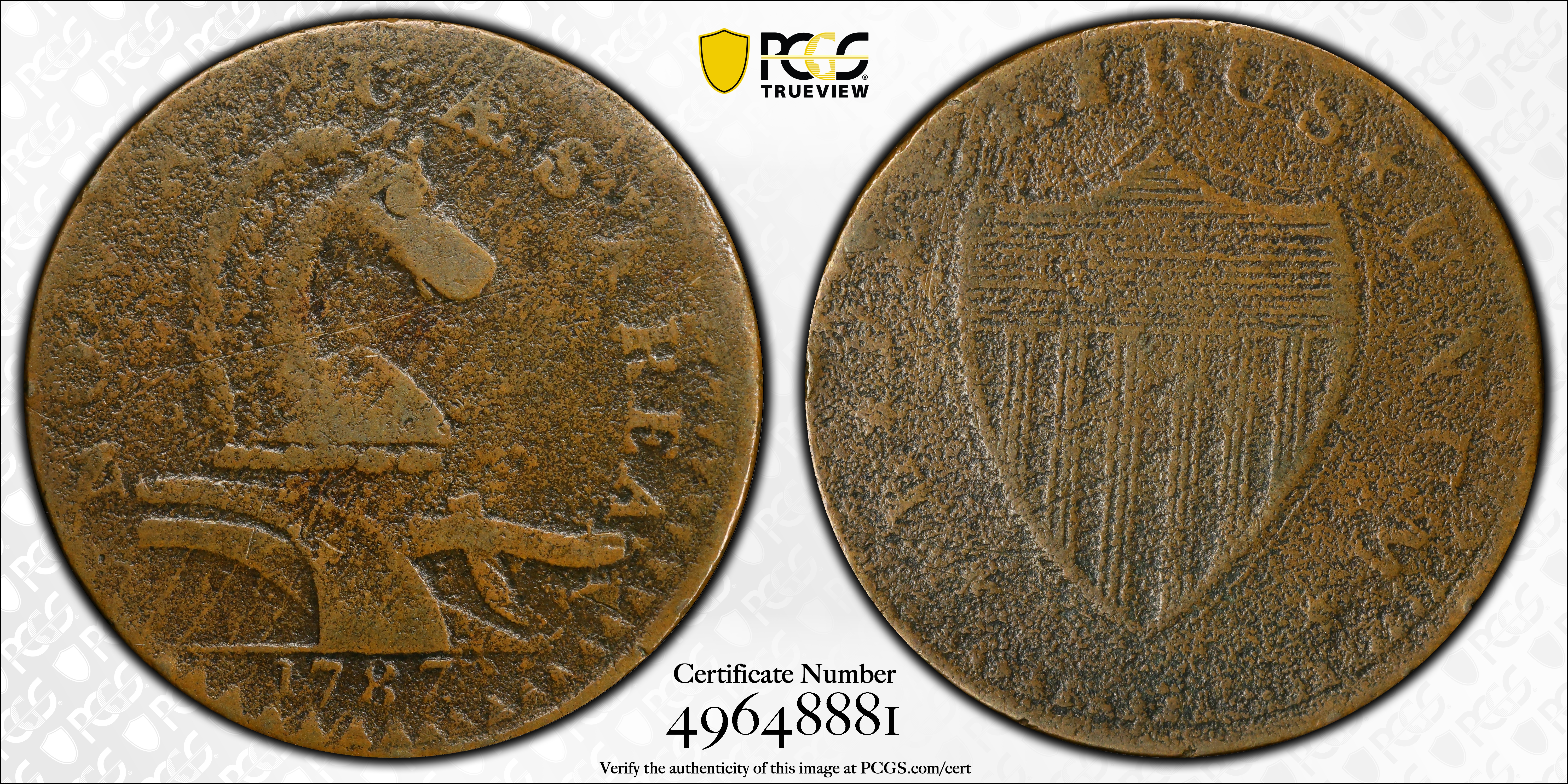 image for: 1787 New Jersey Copper. Maris 54-k, W-5295. Rarity-3. No Sprig Above Plow, Serpent Head. VF Details--Environmental Damage (PCGS).