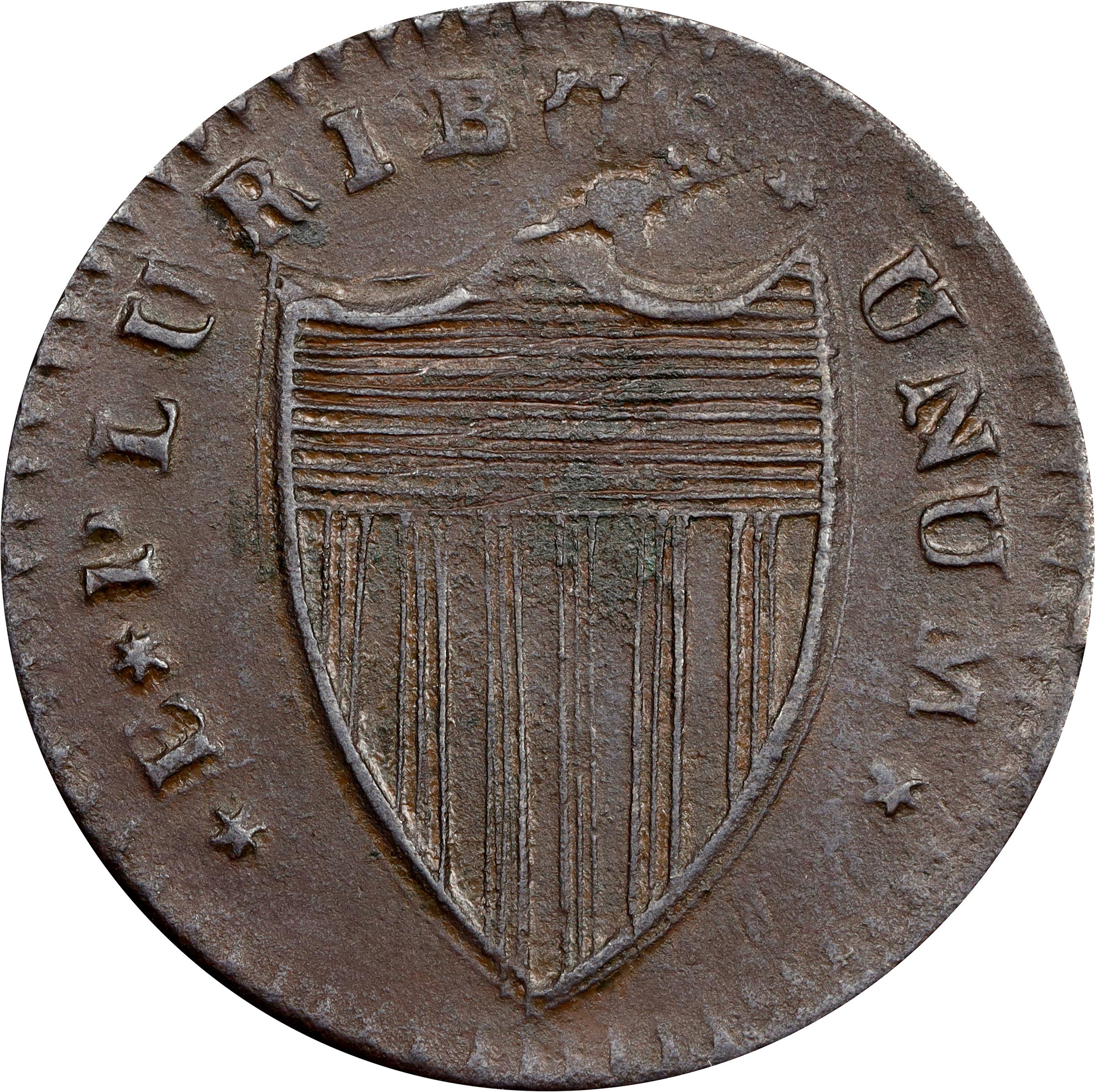 image for: 1787 New Jersey Copper. Maris 56-n, W-5310. Rarity-1. No Sprig Above Plow, Camel Head. Overstruck on a Connecticut Copper. About Uncirculated, Granular.