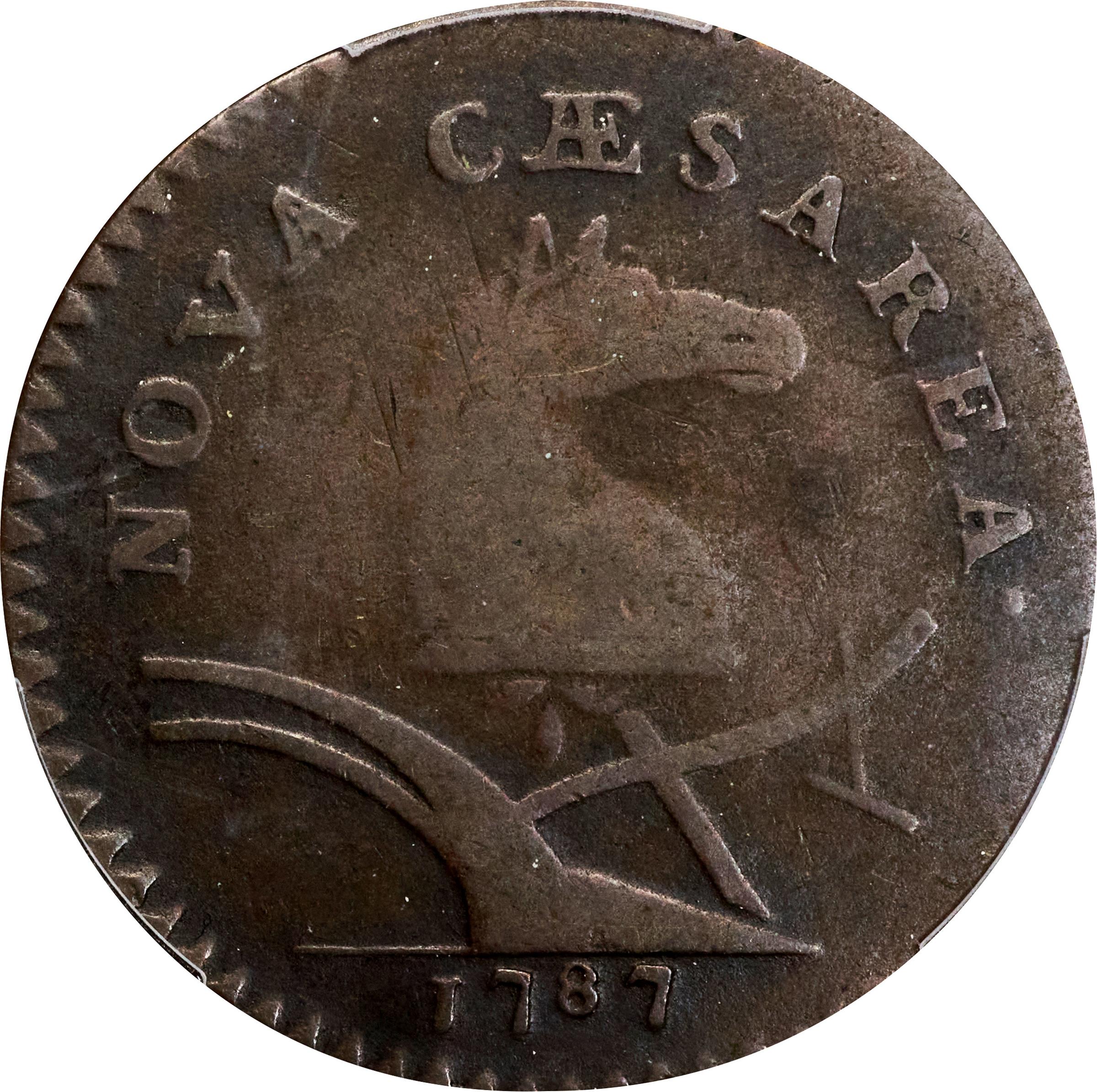 image for: 1787 New Jersey Copper. Maris 62-q, W-5350. Rarity-3. Sprig Above Plow, Hidden WM. Large Planchet. VG-10 (PCGS).