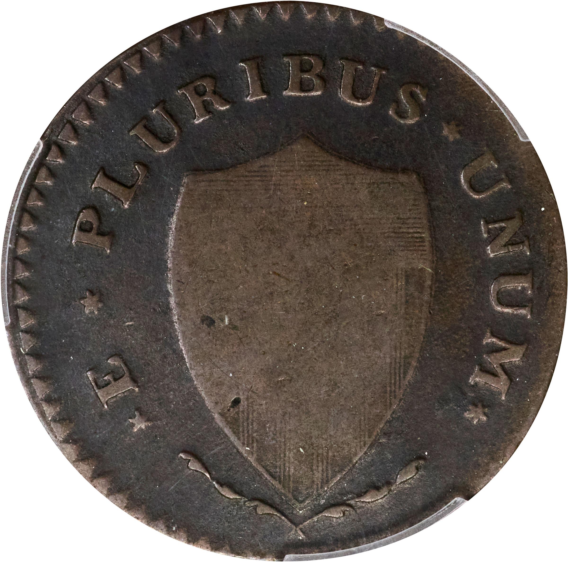 image for: 1787 New Jersey Copper. Maris 62-q, W-5350. Rarity-3. Sprig Above Plow, Hidden WM. Large Planchet. VG-10 (PCGS).