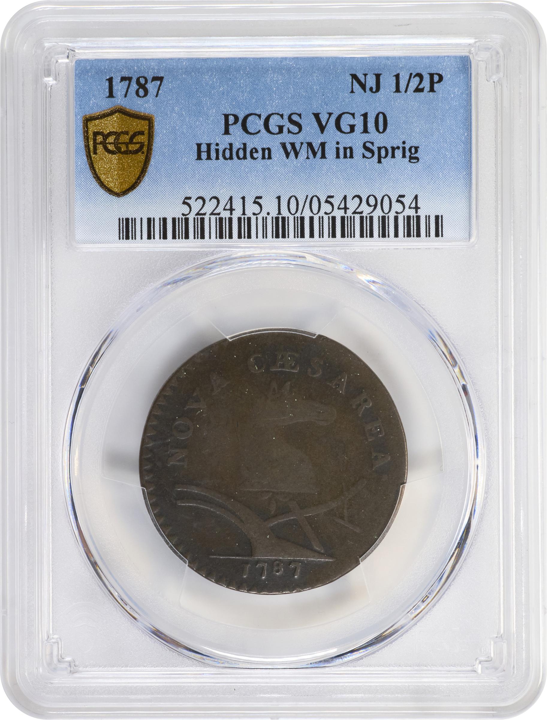 image for: 1787 New Jersey Copper. Maris 62-q, W-5350. Rarity-3. Sprig Above Plow, Hidden WM. Large Planchet. VG-10 (PCGS).