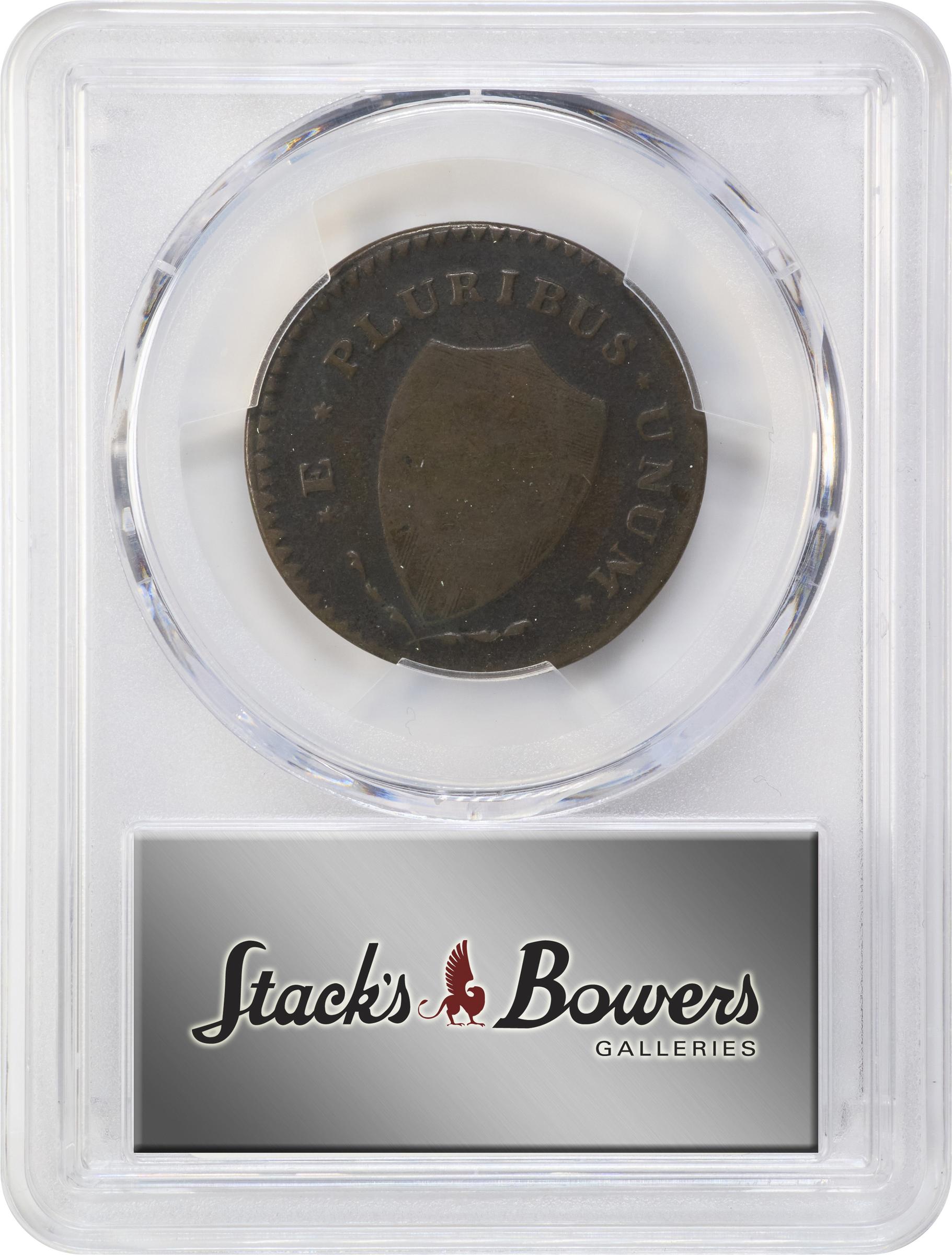 image for: 1787 New Jersey Copper. Maris 62-q, W-5350. Rarity-3. Sprig Above Plow, Hidden WM. Large Planchet. VG-10 (PCGS).