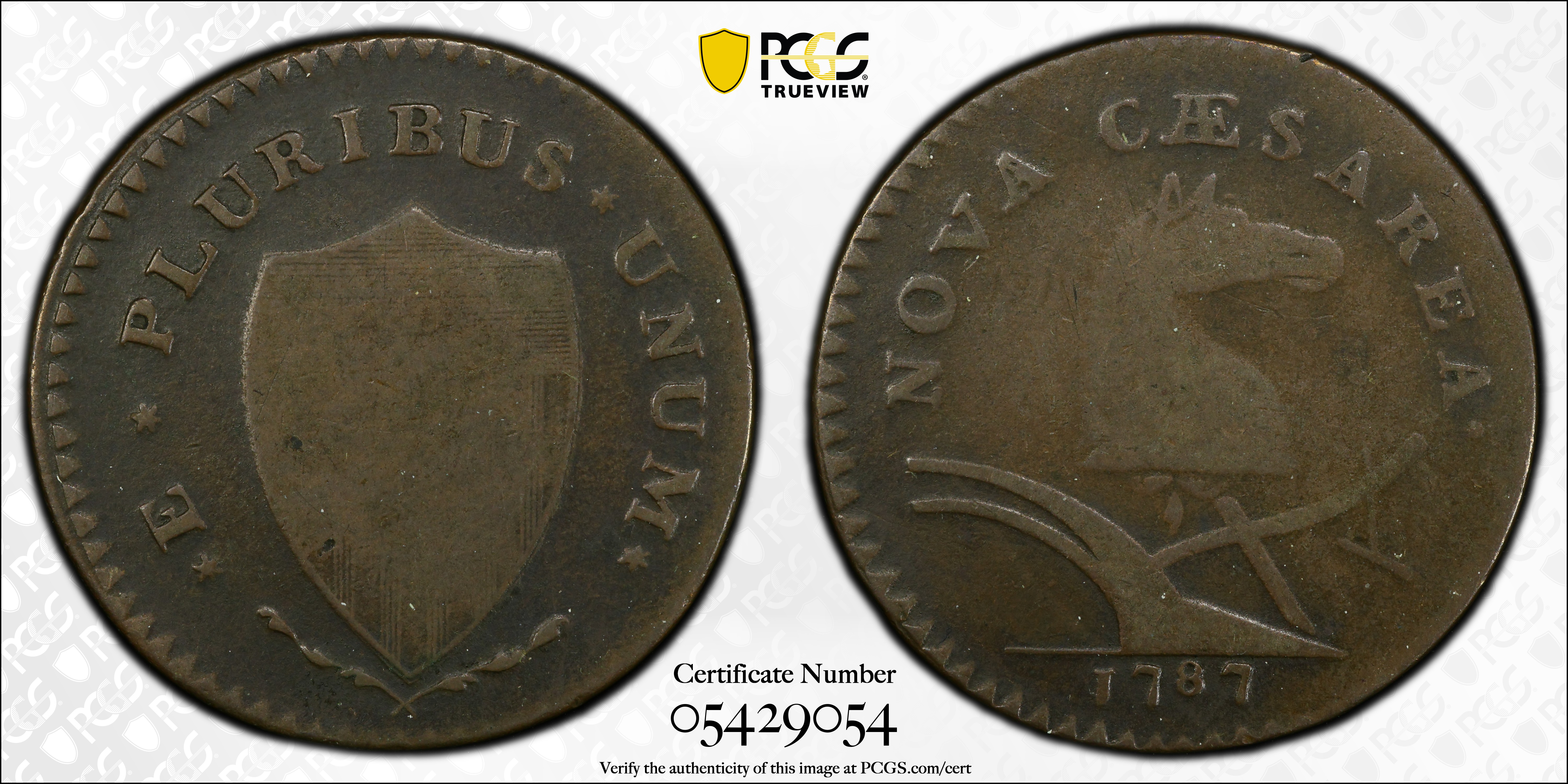 image for: 1787 New Jersey Copper. Maris 62-q, W-5350. Rarity-3. Sprig Above Plow, Hidden WM. Large Planchet. VG-10 (PCGS).