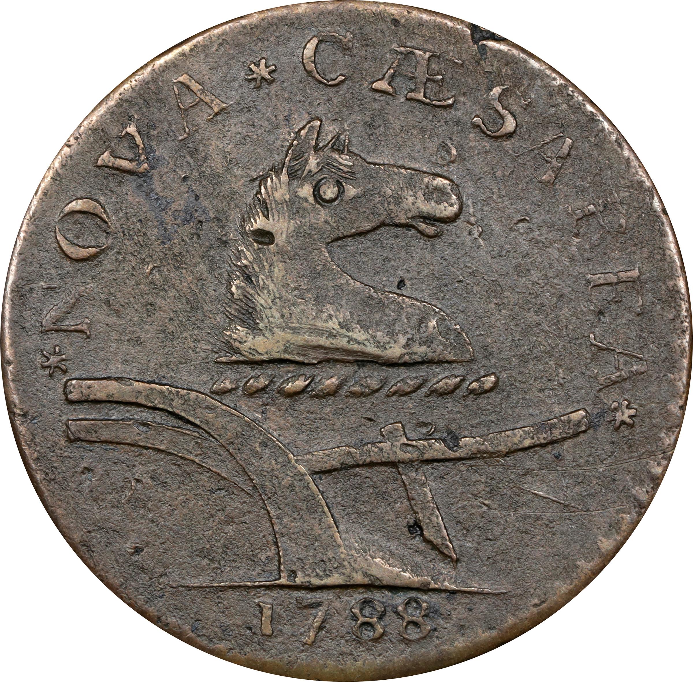 image for: 1788 New Jersey Copper. Maris 67-v, W-5510. Rarity-1. Head Right, Brushed Mane. AU Details--Environmental Damage (PCGS).