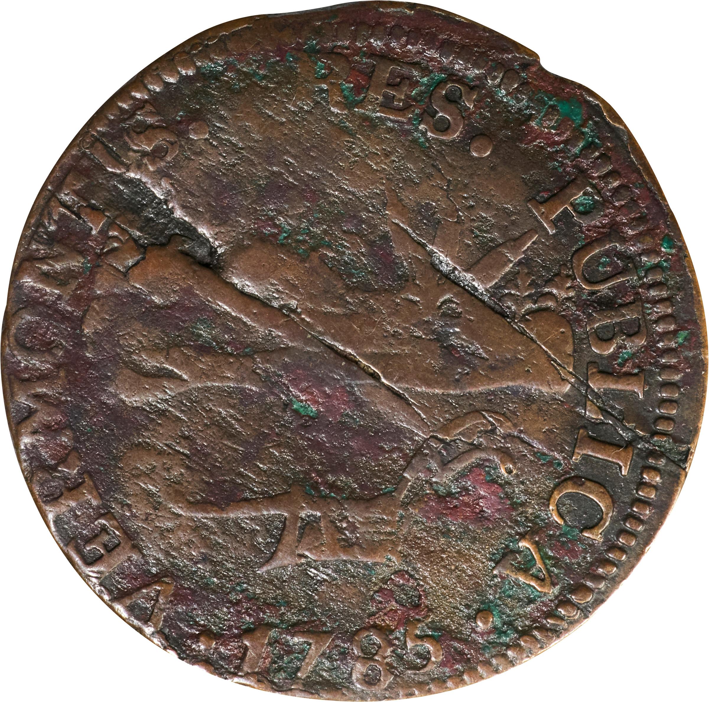 image for: 1785 Vermont Copper. Landscape. RR-4, Bressett 3-C, W-2015. Rarity-4. VERMONTIS. Very Fine, Planchet Flaws.