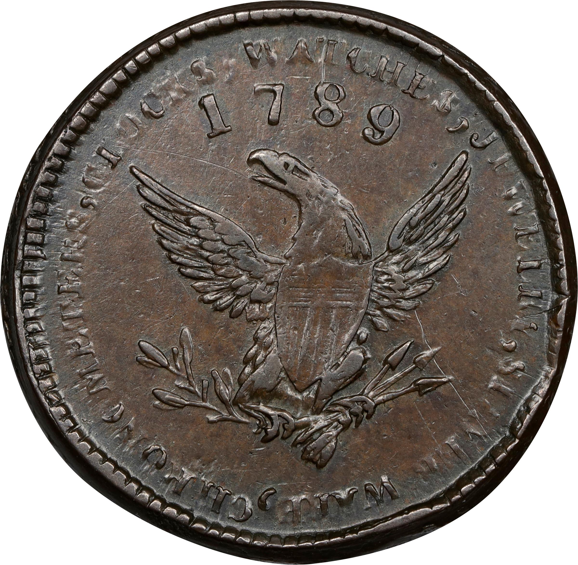 image for: "1789" Mott Token. Breen-1022, var. Thick Planchet. Engrailed Edge. Cent Weight. AU-53 (PCGS).