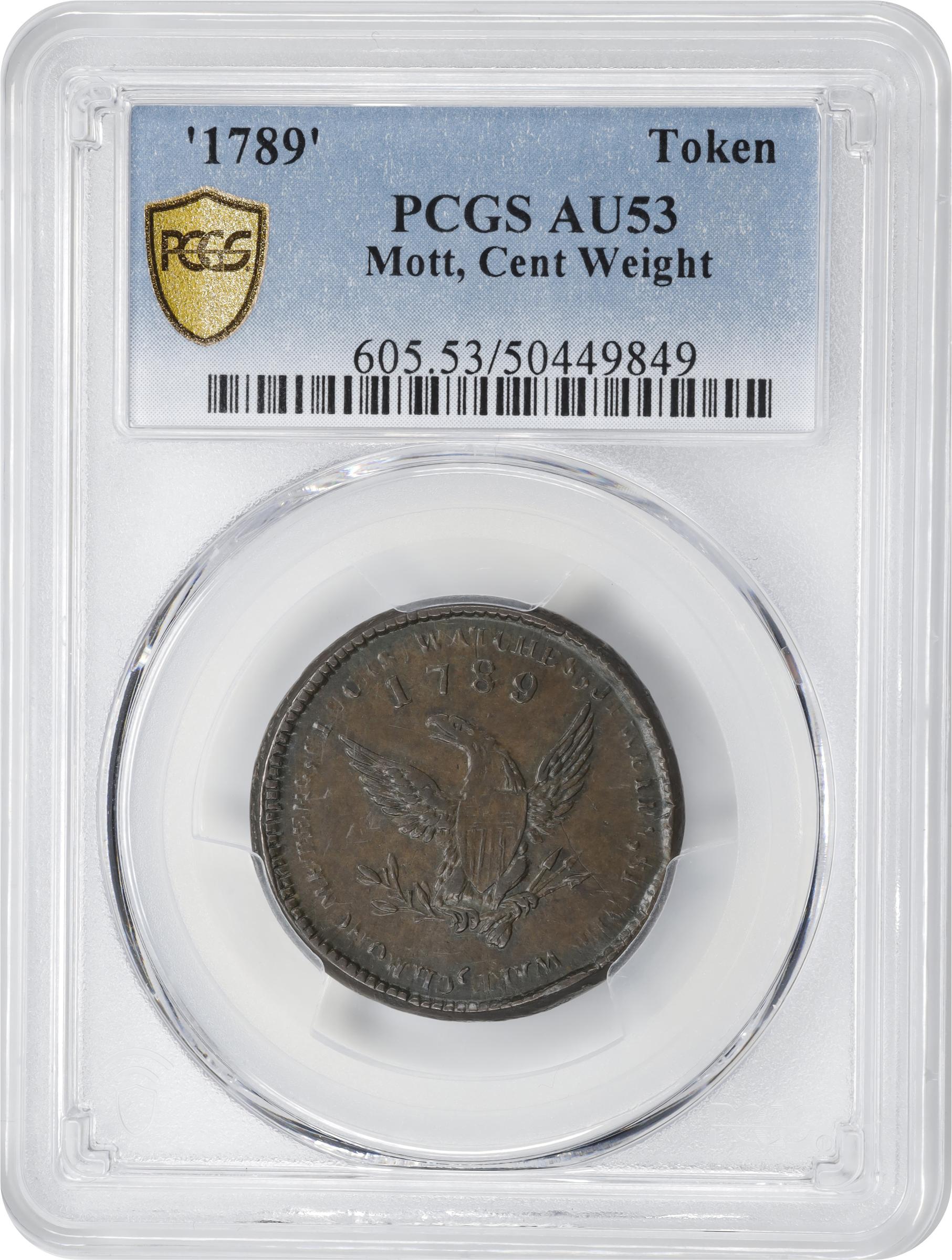 image for: "1789" Mott Token. Breen-1022, var. Thick Planchet. Engrailed Edge. Cent Weight. AU-53 (PCGS).
