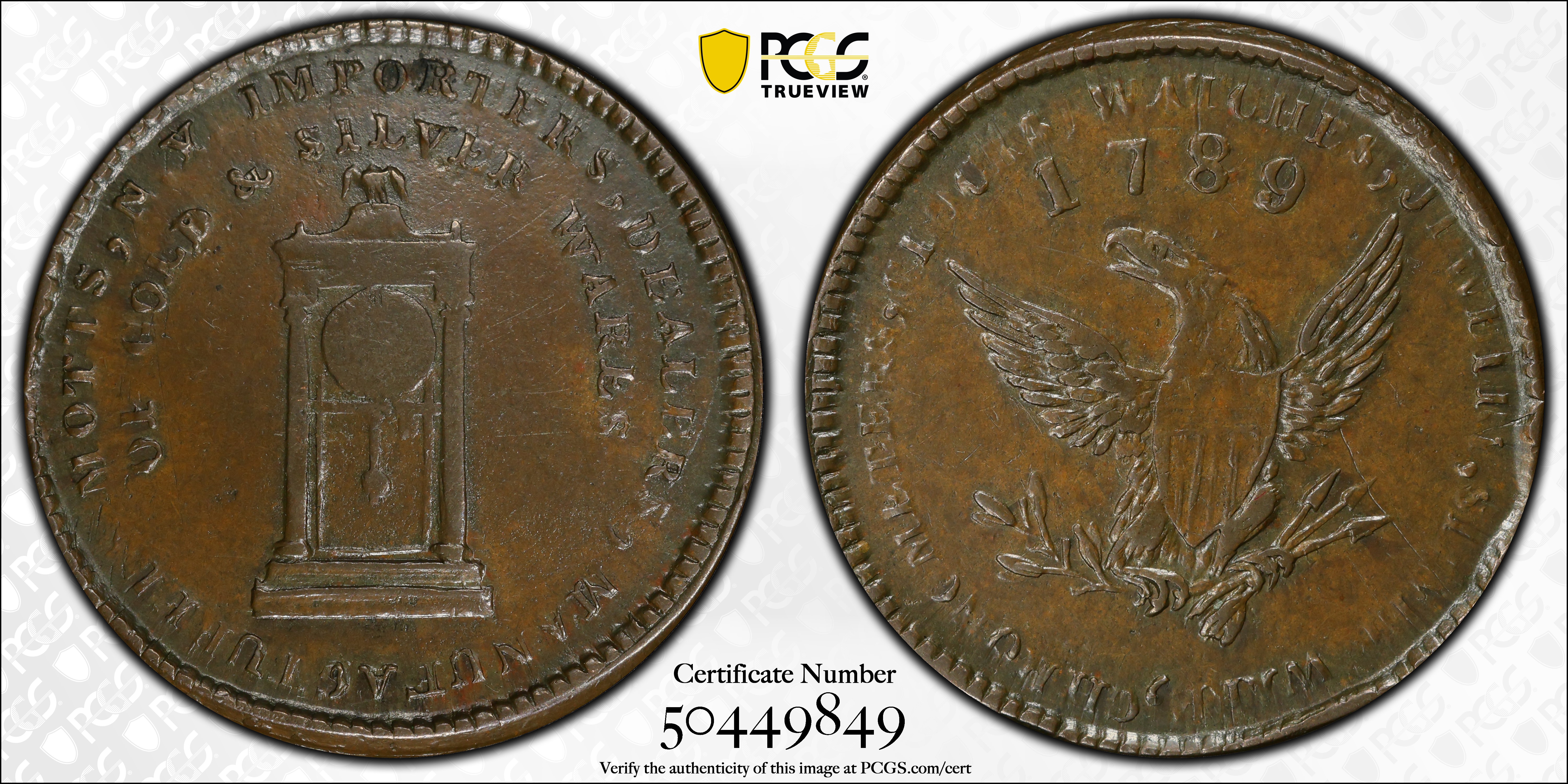 image for: "1789" Mott Token. Breen-1022, var. Thick Planchet. Engrailed Edge. Cent Weight. AU-53 (PCGS).