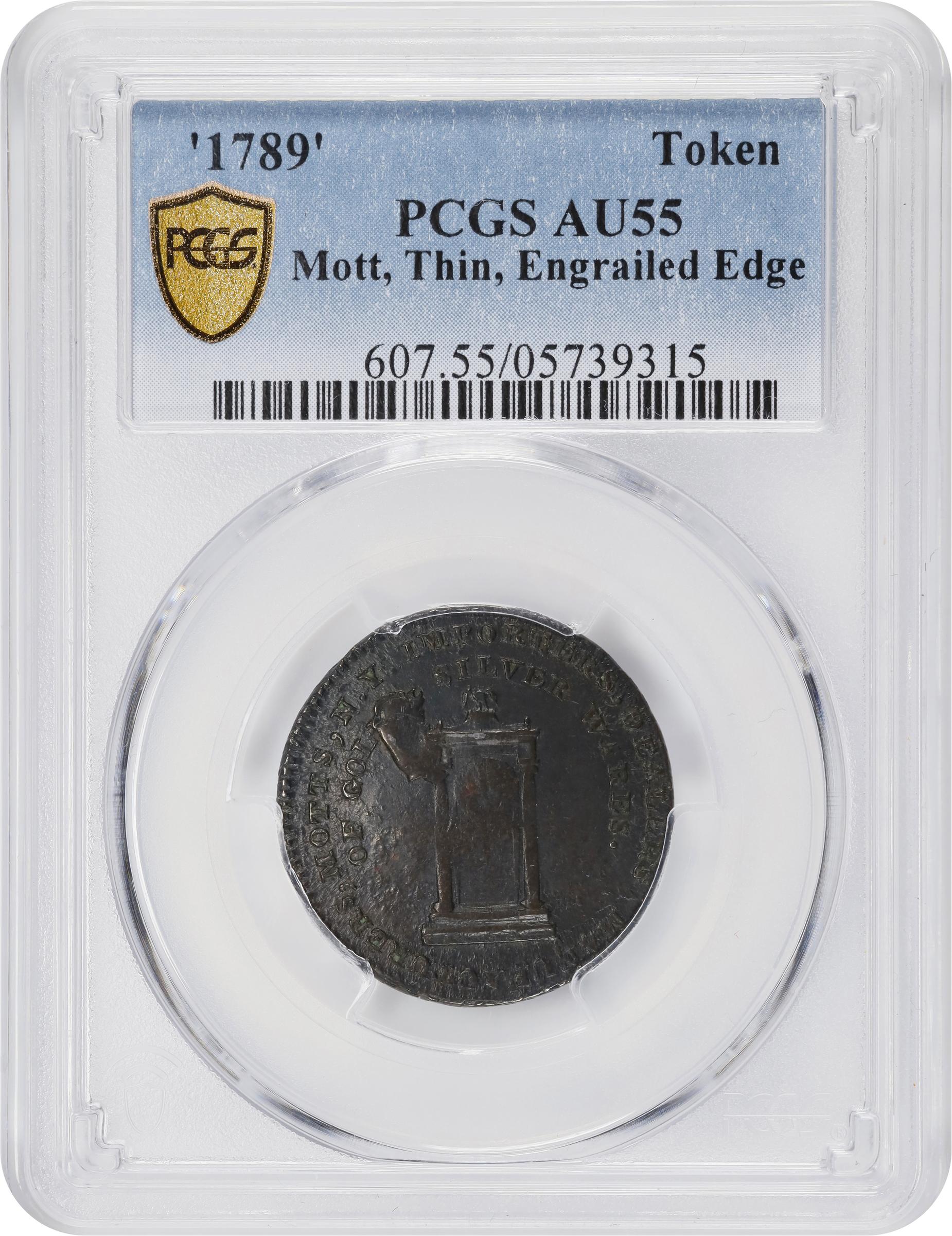image for: "1789" Mott Token. Breen-1025, Rulau-E NY 612. Thin Planchet. Engrailed Edge. AU-55 (PCGS).
