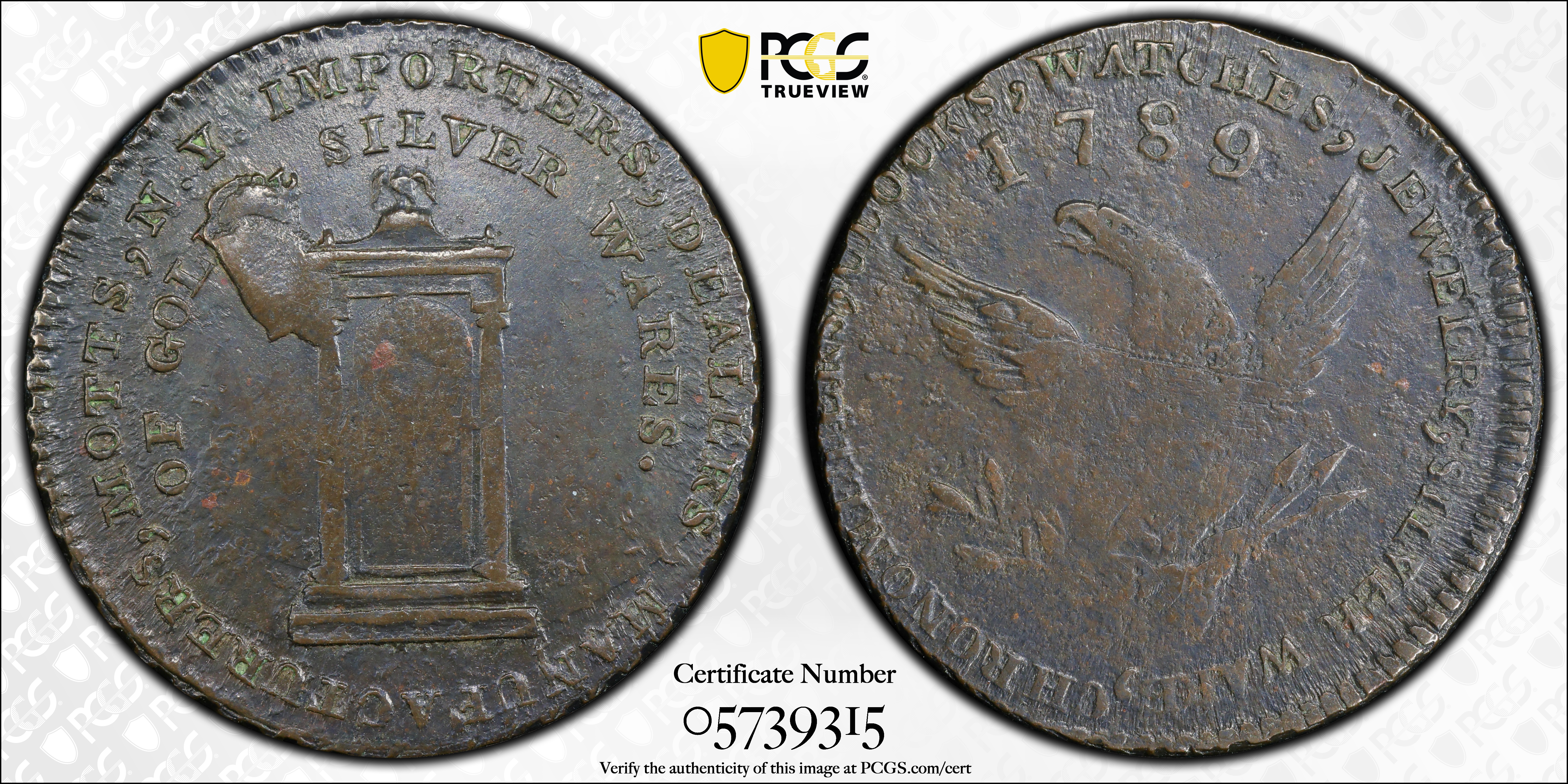 image for: "1789" Mott Token. Breen-1025, Rulau-E NY 612. Thin Planchet. Engrailed Edge. AU-55 (PCGS).