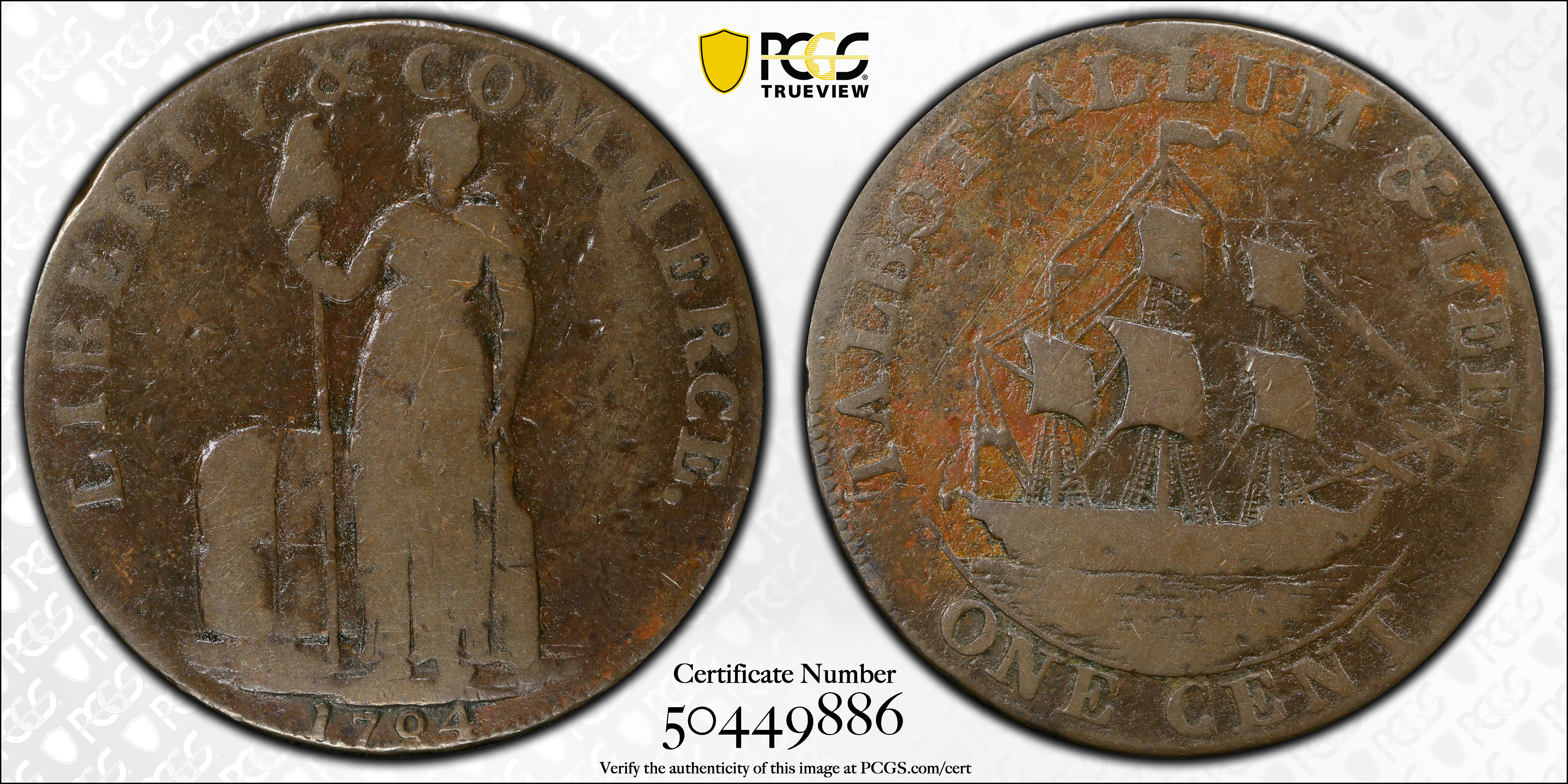 image for: 1794 Talbot, Allum & Lee Cent. Fuld-1, W-8560. Rarity-5. Without NEW YORK. Copper. Good-6 (PCGS).
