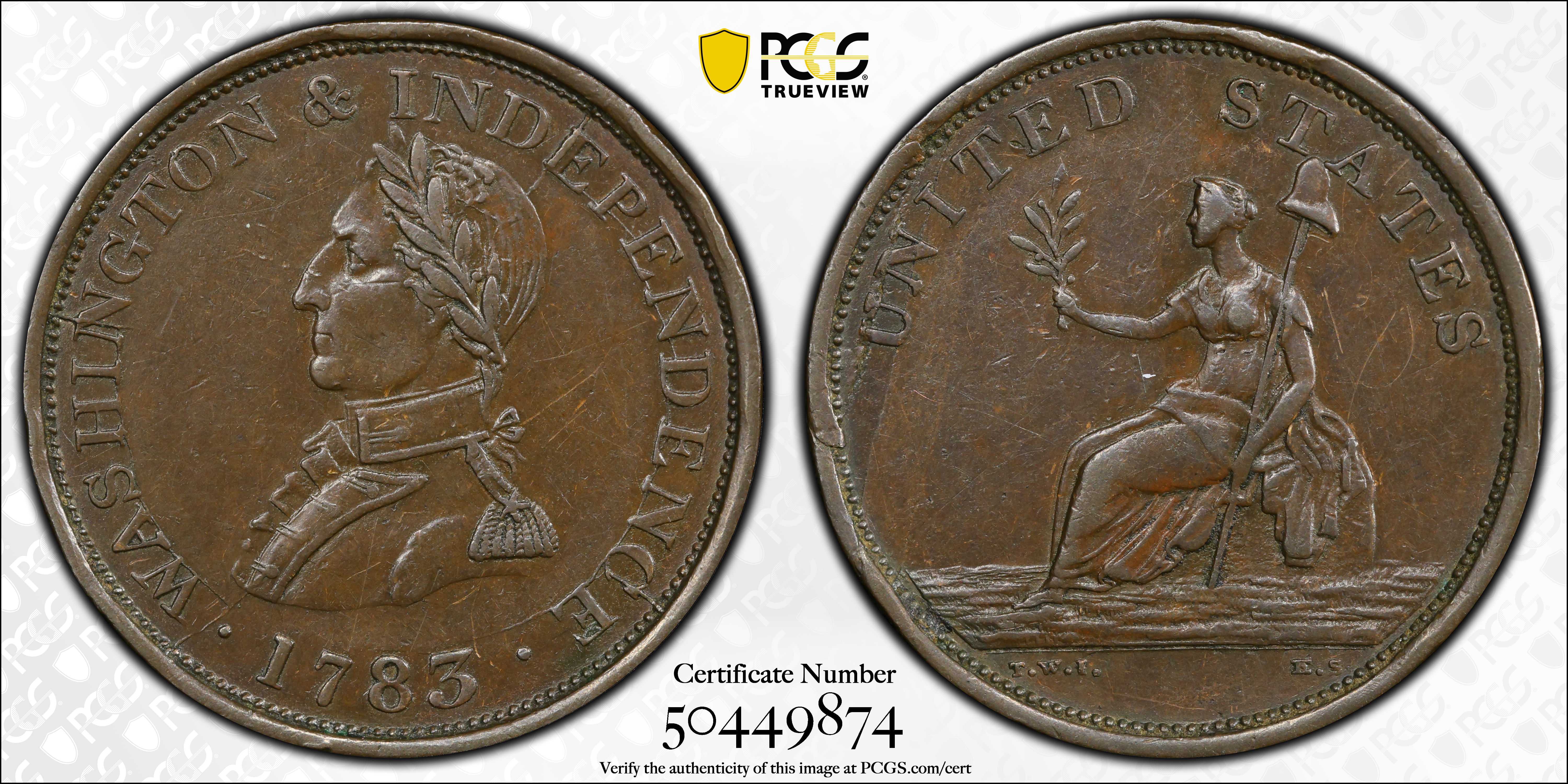 image for: "1783" (ca. 1820) Washington Military Bust Copper. Musante GW-109, Vlack 1-A, Baker-4B, W-10150. Small Military Bust. Engrailed Edge. EF-45 (PCGS).