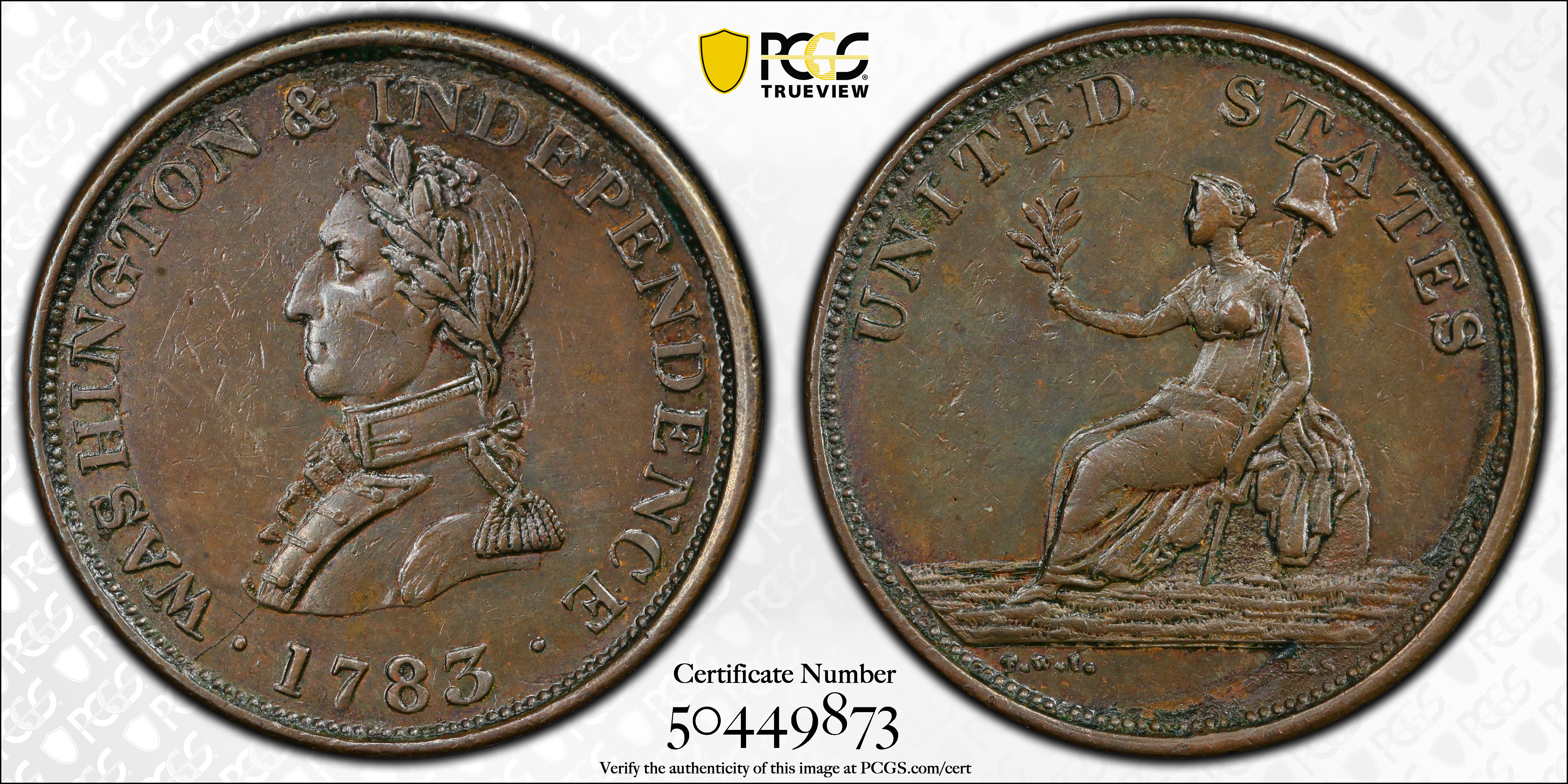 image for: "1783" (ca. 1820) Washington Military Bust Copper. Musante GW-109, Vlack 1-A, Baker-4A, W-10155. Small Military Bust. Plain Edge. AU Details--Cleaned (PCGS).