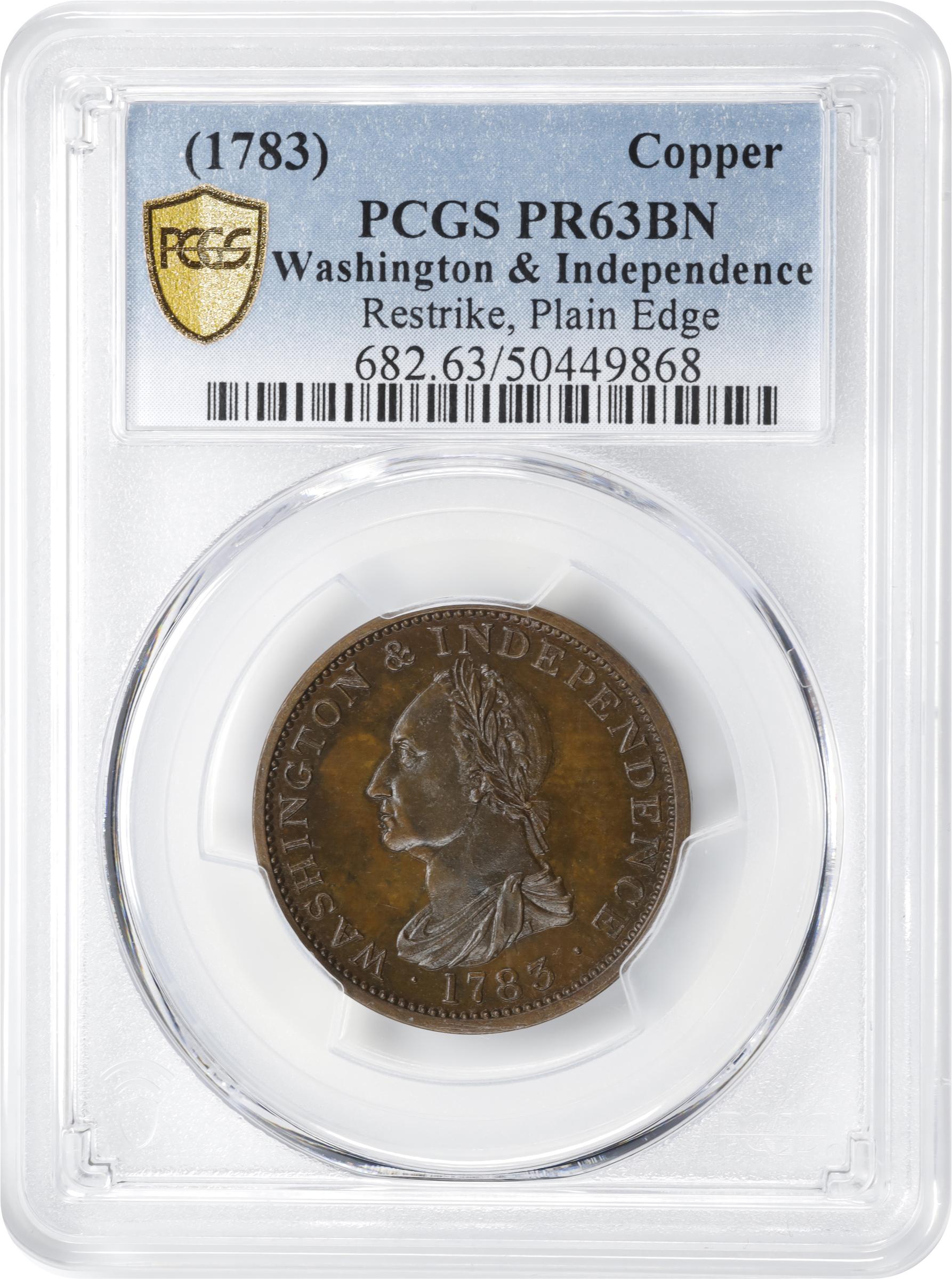 image for: "1783" (ca. 1860) Washington Draped Bust Copper. Restrike. Musante GW-106B, Vlack 14-J, Baker-3E, W-10310. No Button. Copper, Bronzed. Plain Edge. Proof-63 BN (PCGS).