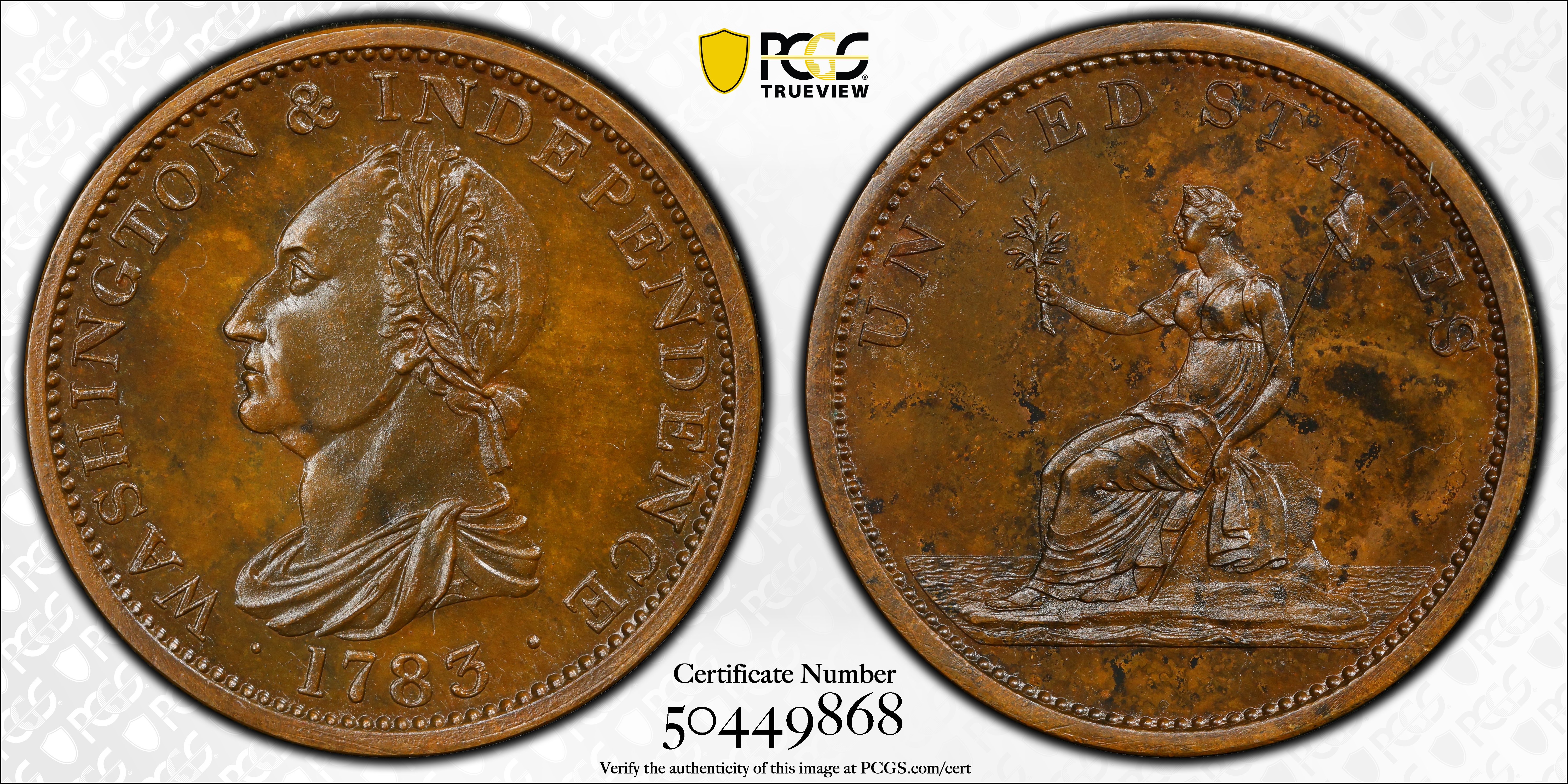 image for: "1783" (ca. 1860) Washington Draped Bust Copper. Restrike. Musante GW-106B, Vlack 14-J, Baker-3E, W-10310. No Button. Copper, Bronzed. Plain Edge. Proof-63 BN (PCGS).