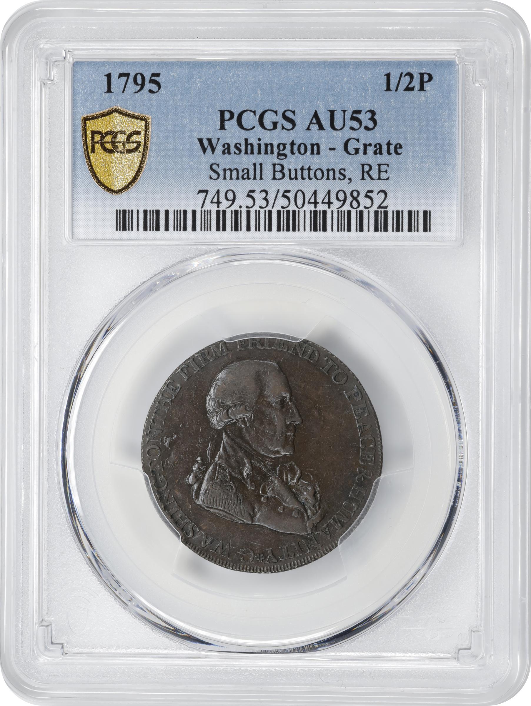 image for: 1795 Washington Grate Halfpenny. Musante GW-50, Baker-29D, W-10950. Small Buttons. Reeded Edge. AU-53 (PCGS).