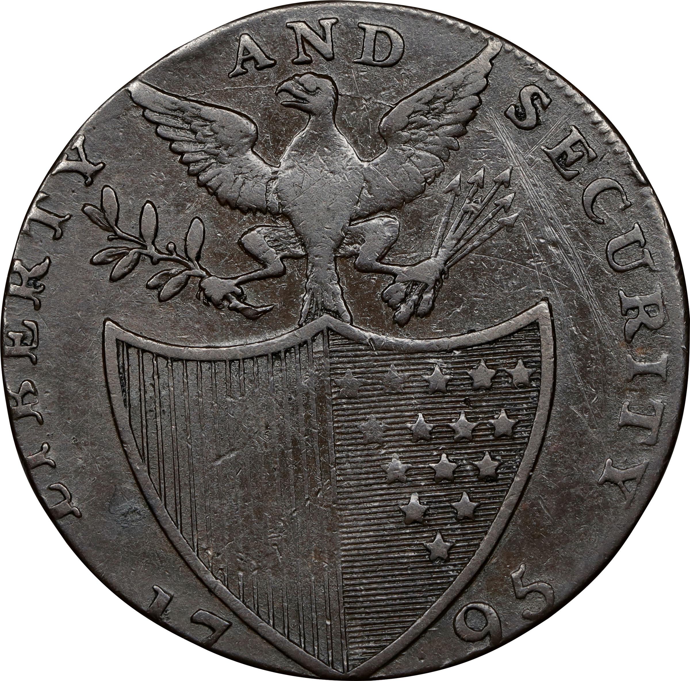 image for: 1795 Washington Liberty and Security Halfpenny. Musante GW-48, Baker-31C, W-11000. Plain Edge. VF Details--Damage (PCGS).