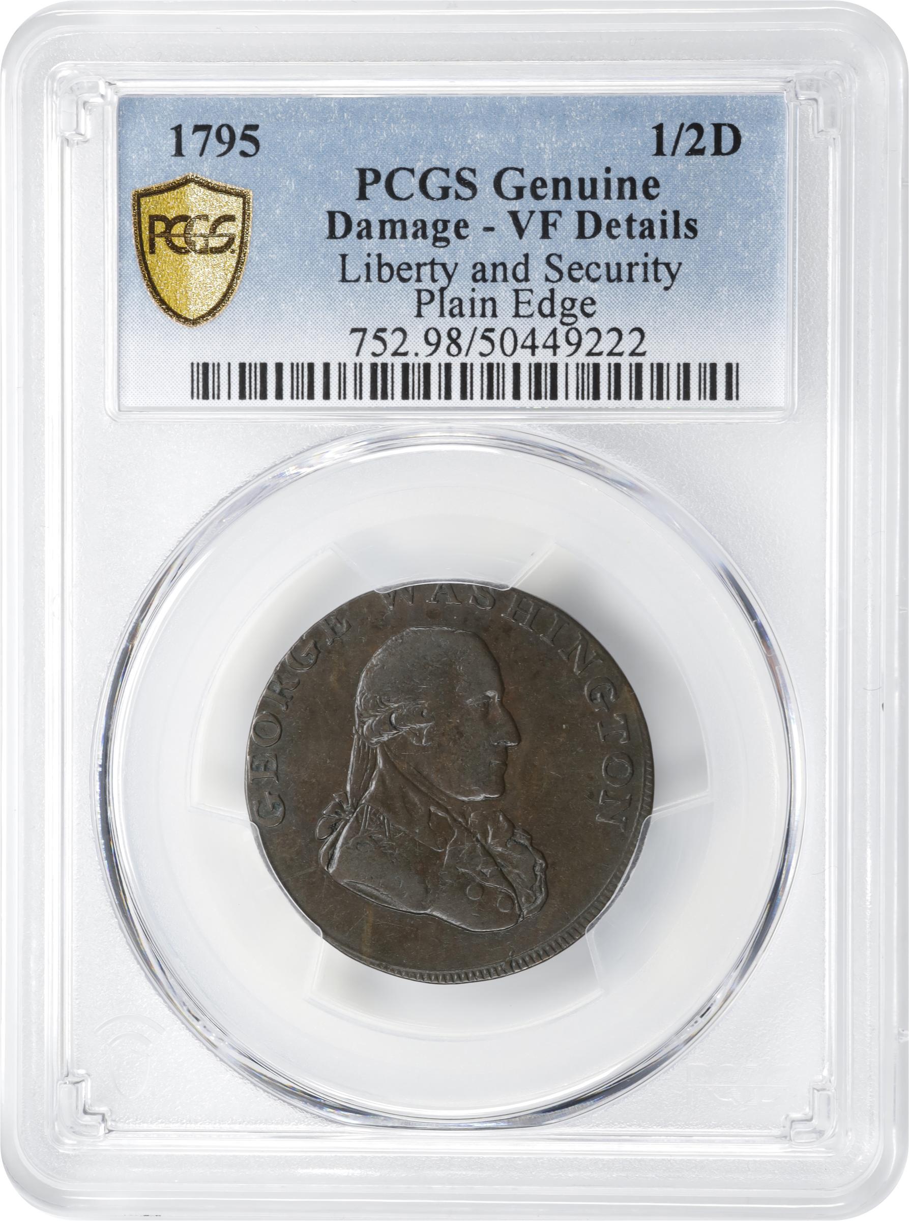 image for: 1795 Washington Liberty and Security Halfpenny. Musante GW-48, Baker-31C, W-11000. Plain Edge. VF Details--Damage (PCGS).