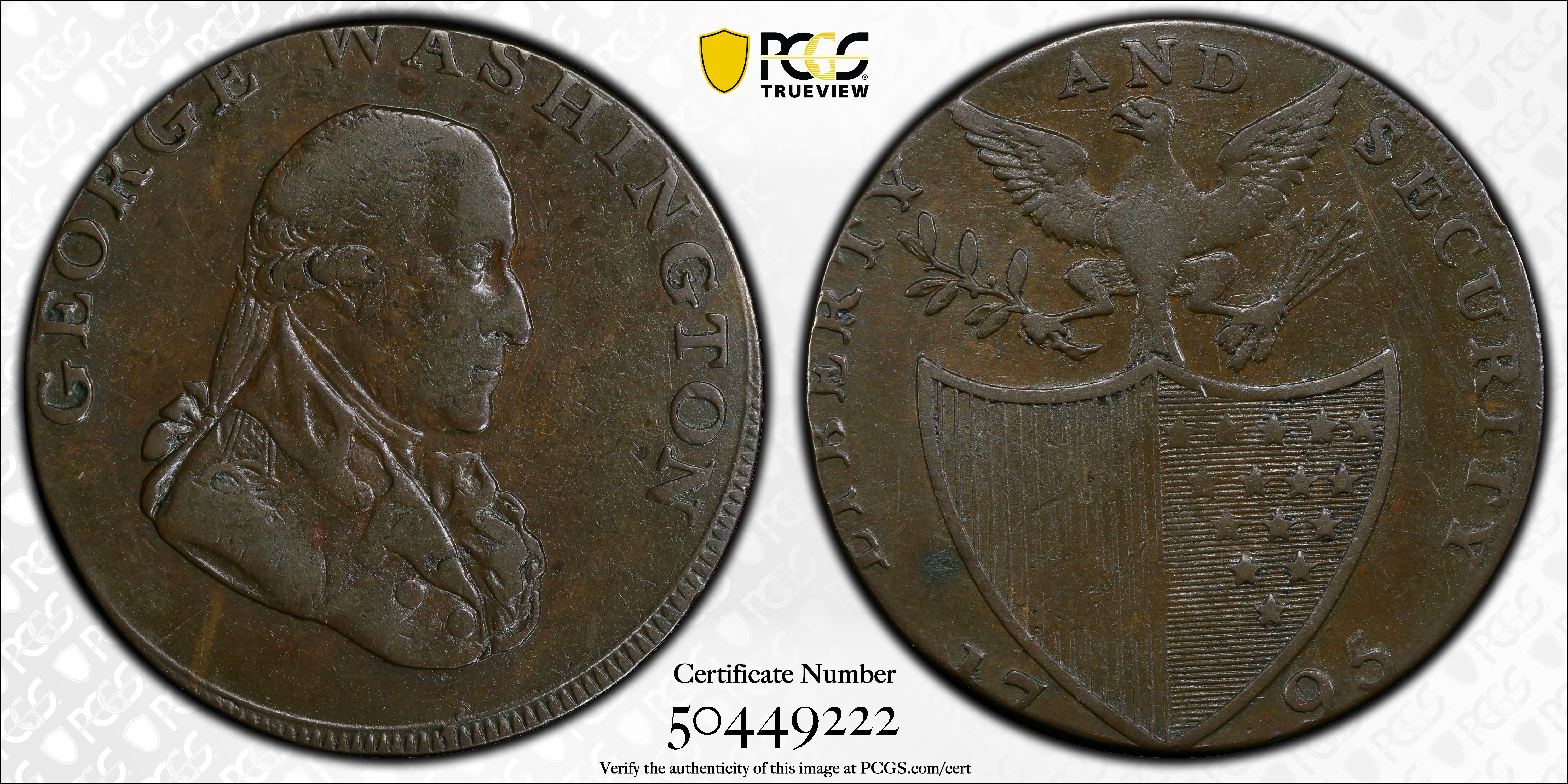 image for: 1795 Washington Liberty and Security Halfpenny. Musante GW-48, Baker-31C, W-11000. Plain Edge. VF Details--Damage (PCGS).