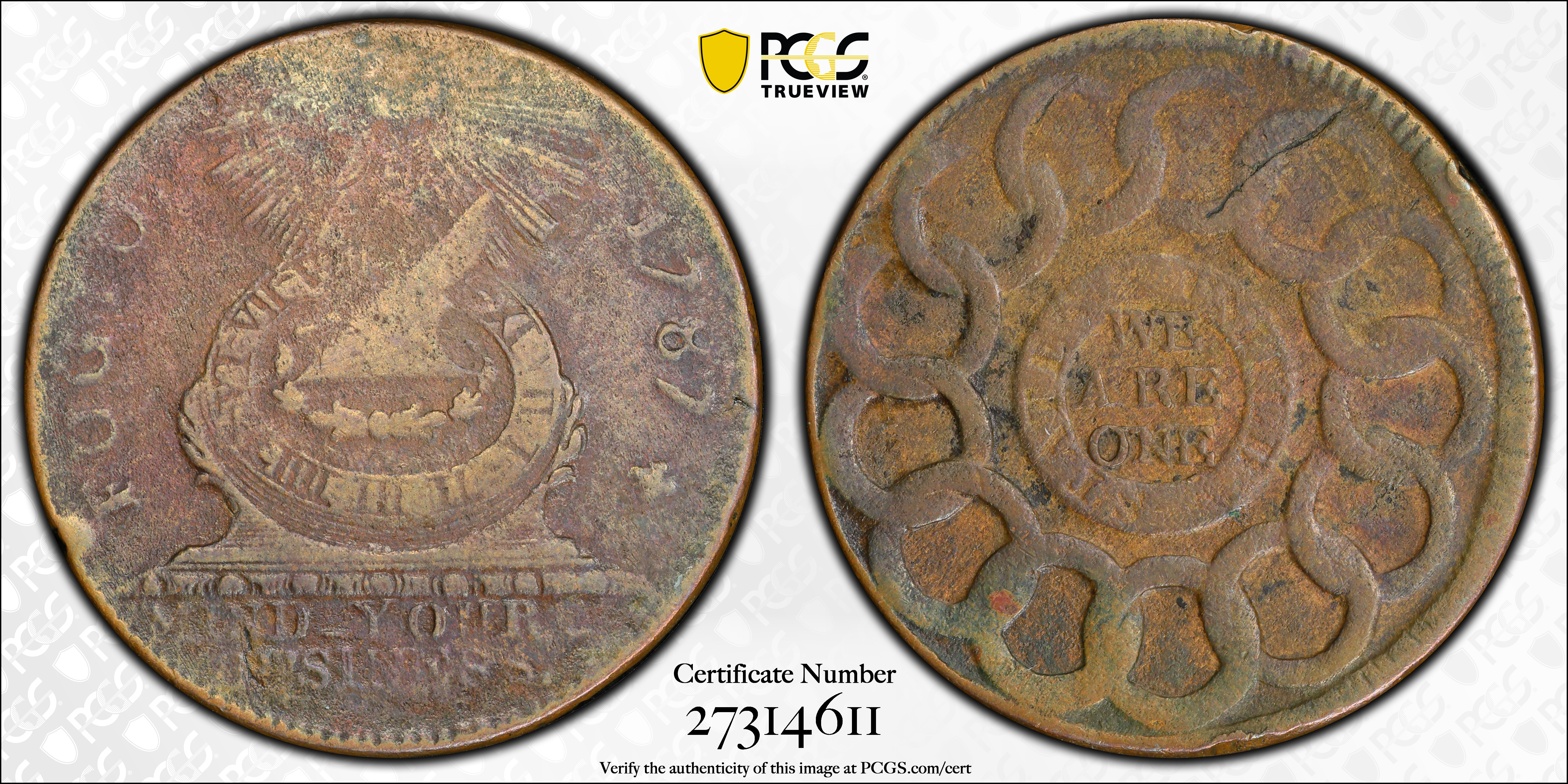 image for: 1787 Fugio Cent. Pointed Rays. Newman 1-L, W-6605. Rarity-5-. Obverse Cross After Date, No Cinquefoils, STATES UNITED. Fine Details--Environmental Damage (PCGS).