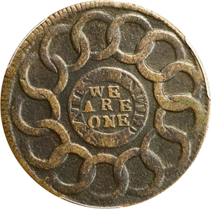image for: 1787 Fugio Cent. Pointed Rays. Newman 7-T, W-6735. Rarity-4. STATES UNITED, 4 Cinquefoils. Fine-15 (PCGS).
