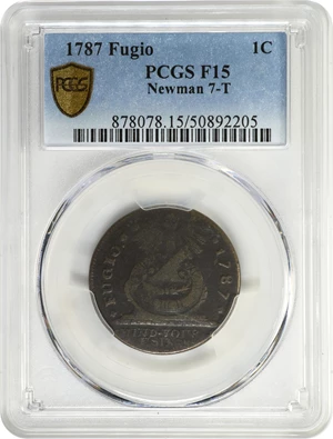 image for: 1787 Fugio Cent. Pointed Rays. Newman 7-T, W-6735. Rarity-4. STATES UNITED, 4 Cinquefoils. Fine-15 (PCGS).