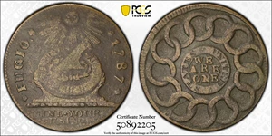 image for: 1787 Fugio Cent. Pointed Rays. Newman 7-T, W-6735. Rarity-4. STATES UNITED, 4 Cinquefoils. Fine-15 (PCGS).