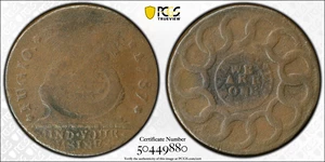 image for: 1787 Fugio Cent. Pointed Rays. Newman 10-T, W-6705. Rarity-5-. STATES UNITED, 1/Horizontal 1. Fine Details--Environmental Damage (PCGS).