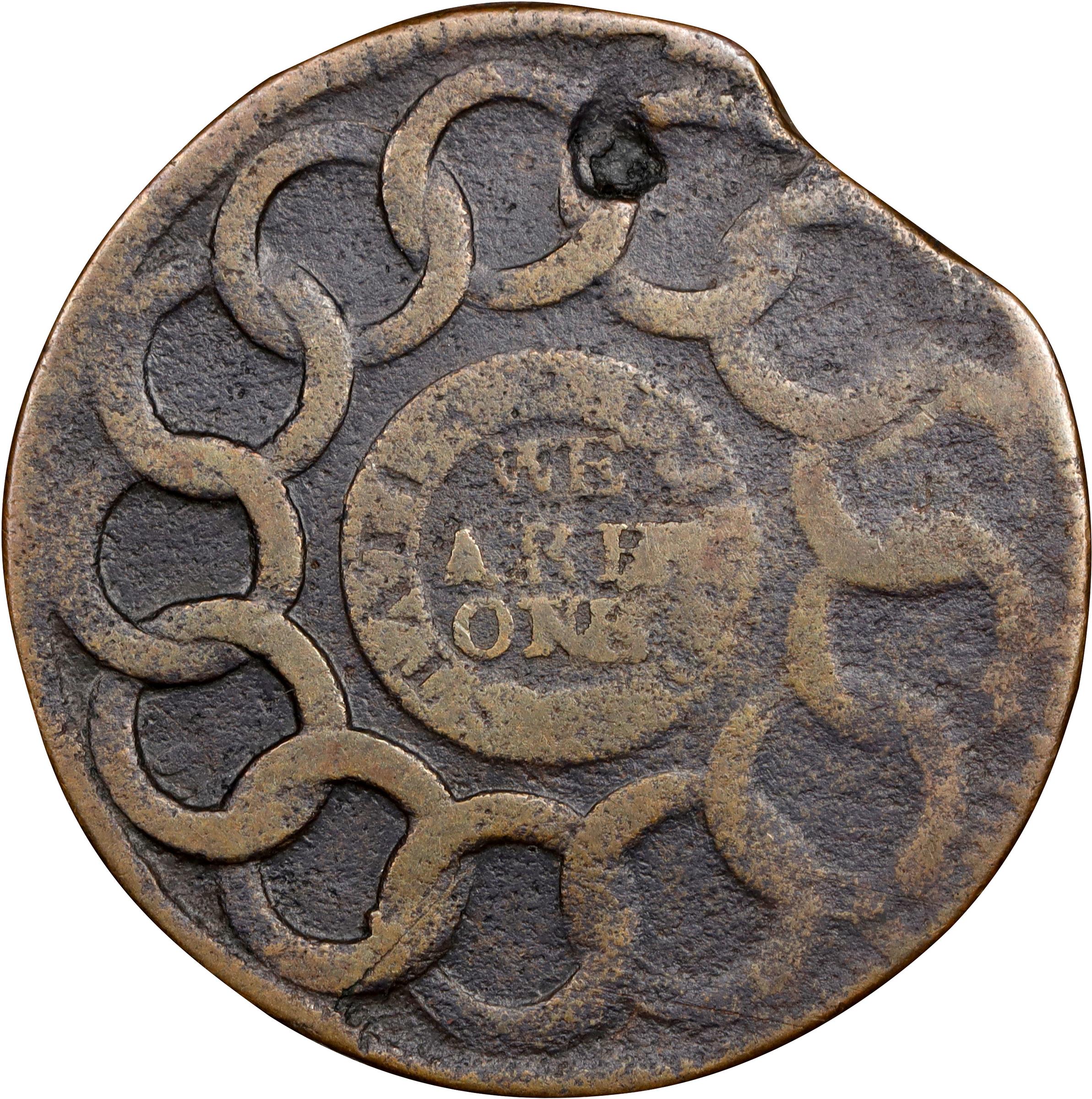 image for: 1787 Fugio Cent. Pointed Rays. Newman 15-V, W-6910. Rarity-5. STATES UNITED, 4 Cinquefoils. Very Fine, Granular.