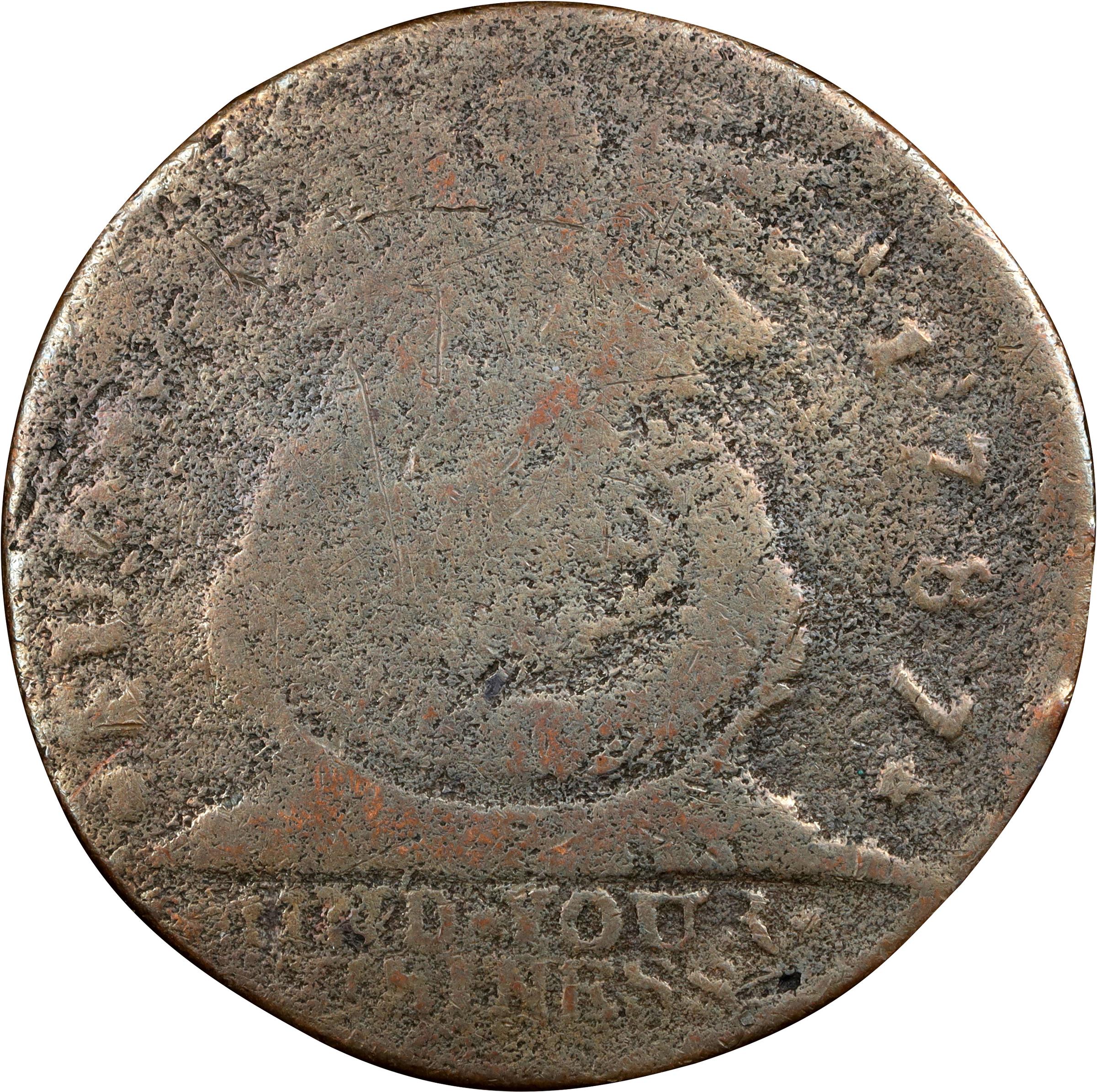 image for: 1787 Fugio Cent. Pointed Rays. Newman 19-SS, W-6980. Rarity-5. STATES UNITED, 4 Cinquefoils. Very Good, Granular.