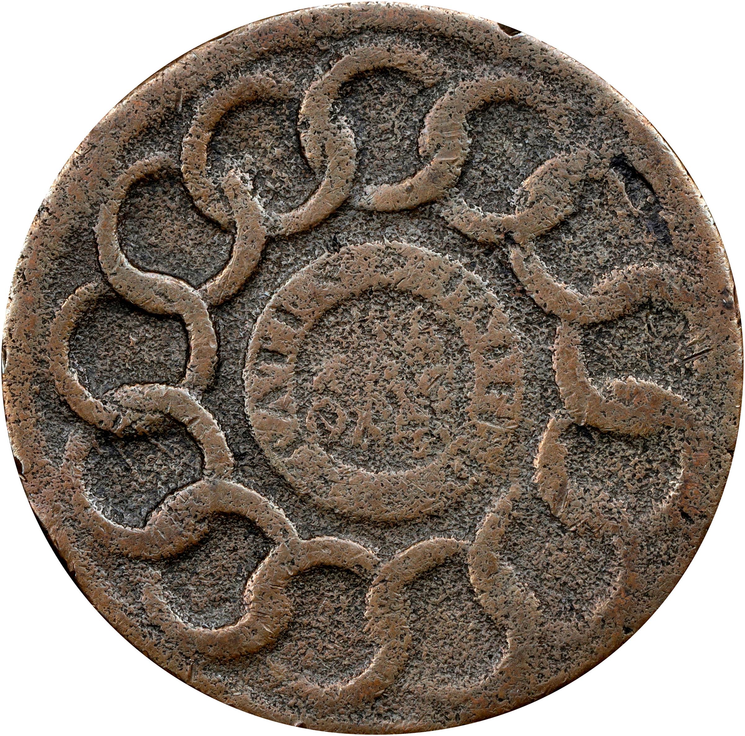 image for: 1787 Fugio Cent. Pointed Rays. Newman 19-SS, W-6980. Rarity-5. STATES UNITED, 4 Cinquefoils. Very Good, Granular.