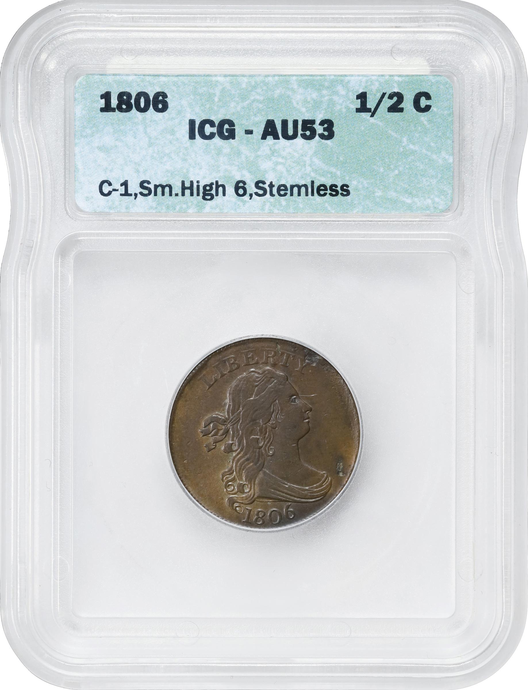 1806 1/2c Small 6, No Stems, C-1 MS BN AU53 BN thumbnail 3