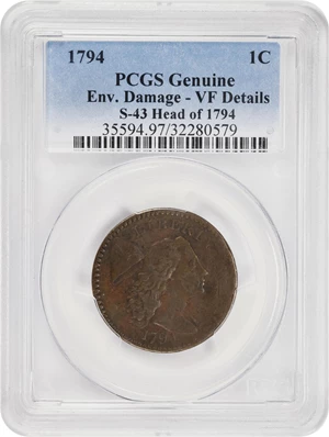 image for: 1794 Liberty Cap Cent. S-43, B-32. Rarity-2. Head of 1794, Short Bust. VF Details--Environmental Damage (PCGS).