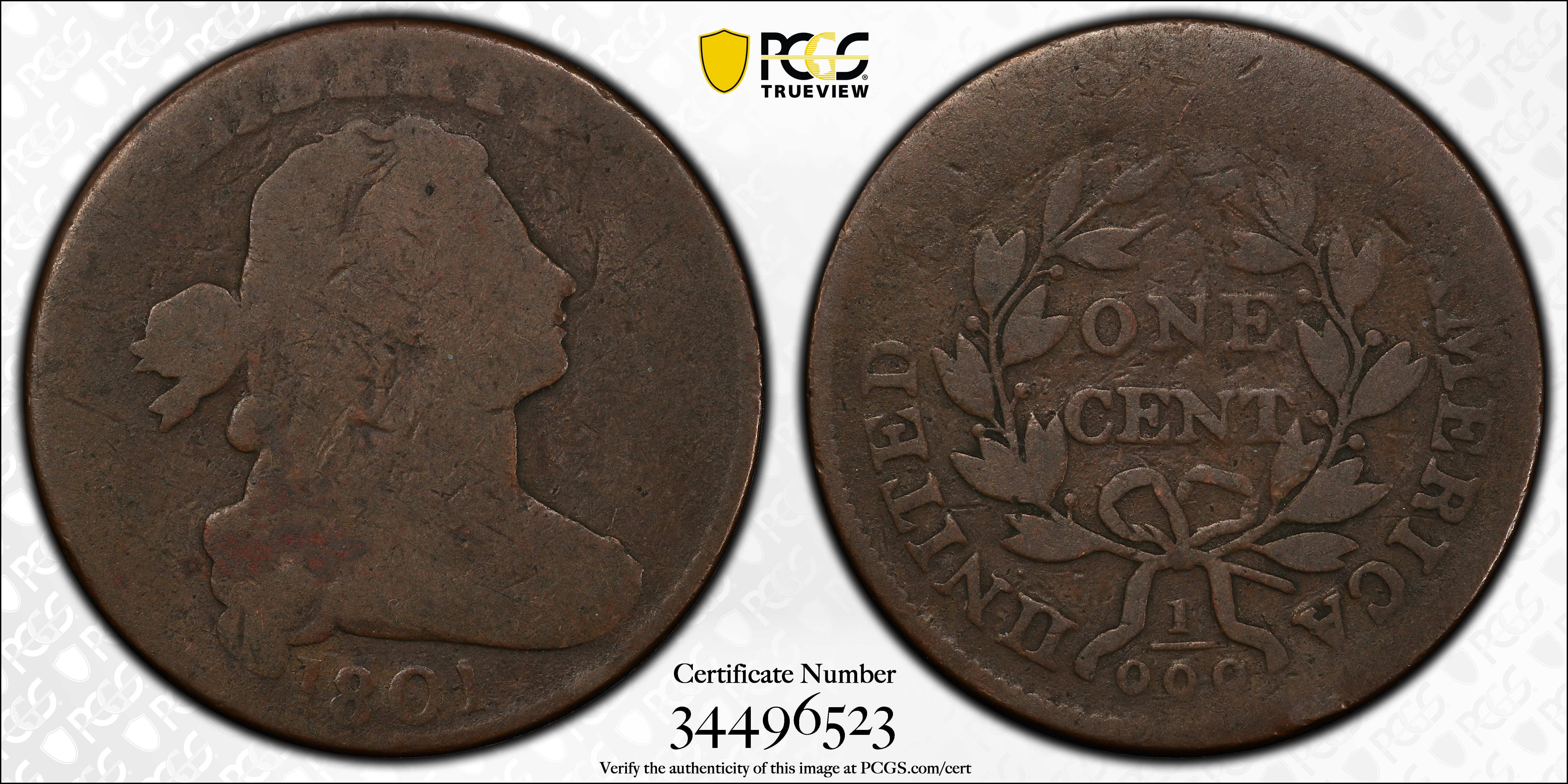 image for: 1801 Draped Bust Cent. S-219. Rarity-2. 3 Errors Reverse. AG-3 (PCGS). CAC.