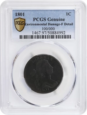 image for: 1801 Draped Bust Cent. S-221, B-5. Rarity-2. 1/100 Over 1/000. Fine Details--Environmental Damage (PCGS).