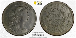 image for: 1801 Draped Bust Cent. S-221, B-5. Rarity-2. 1/100 Over 1/000. Fine Details--Environmental Damage (PCGS).
