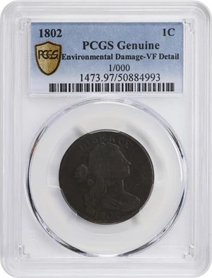 image for: 1802 Draped Bust Cent. S-228, B-4. Rarity-2. Fraction 1/000. VF Details--Environmental Damage (PCGS).