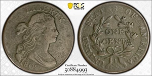 image for: 1802 Draped Bust Cent. S-228, B-4. Rarity-2. Fraction 1/000. VF Details--Environmental Damage (PCGS).