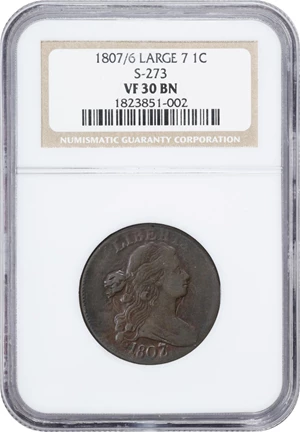image for: 1807/6 Draped Bust Cent. S-273, B-3. Rarity-1. Large 7, Pointed 1. VF-30 BN (NGC).