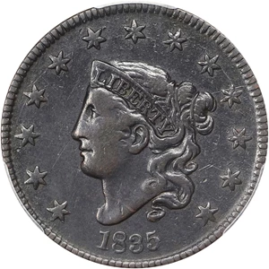 image for: 1835 Matron Head Cent. N-1. Rarity-1. Large 8 and Stars. VF Details--Environmental Damage (PCGS).