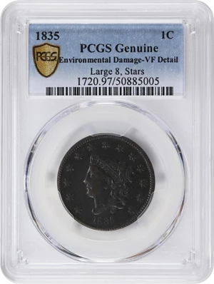 image for: 1835 Matron Head Cent. N-1. Rarity-1. Large 8 and Stars. VF Details--Environmental Damage (PCGS).