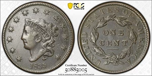 image for: 1835 Matron Head Cent. N-1. Rarity-1. Large 8 and Stars. VF Details--Environmental Damage (PCGS).