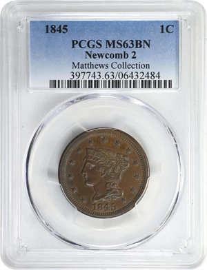 image for: 1845 Braided Hair Cent. N-2. Rarity-1. MS-63 BN (PCGS).